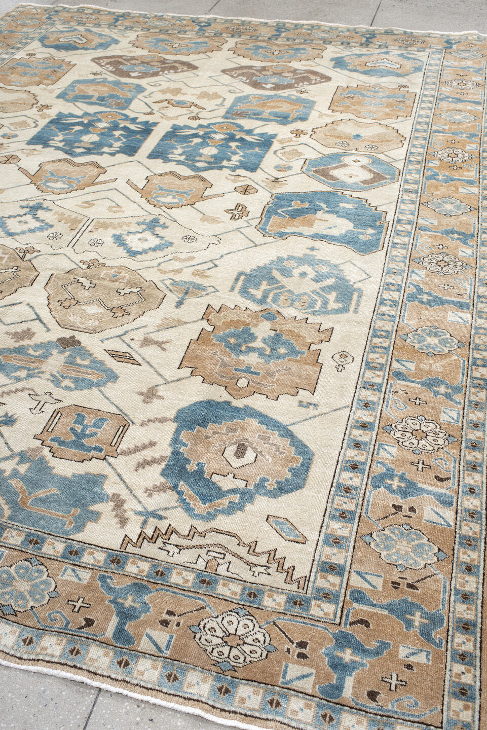 9' x 11' one-of-a-kind handmade antique Ardebil large size rug. Color palette: ivory, sky blue, sand, taupe, camel, brown