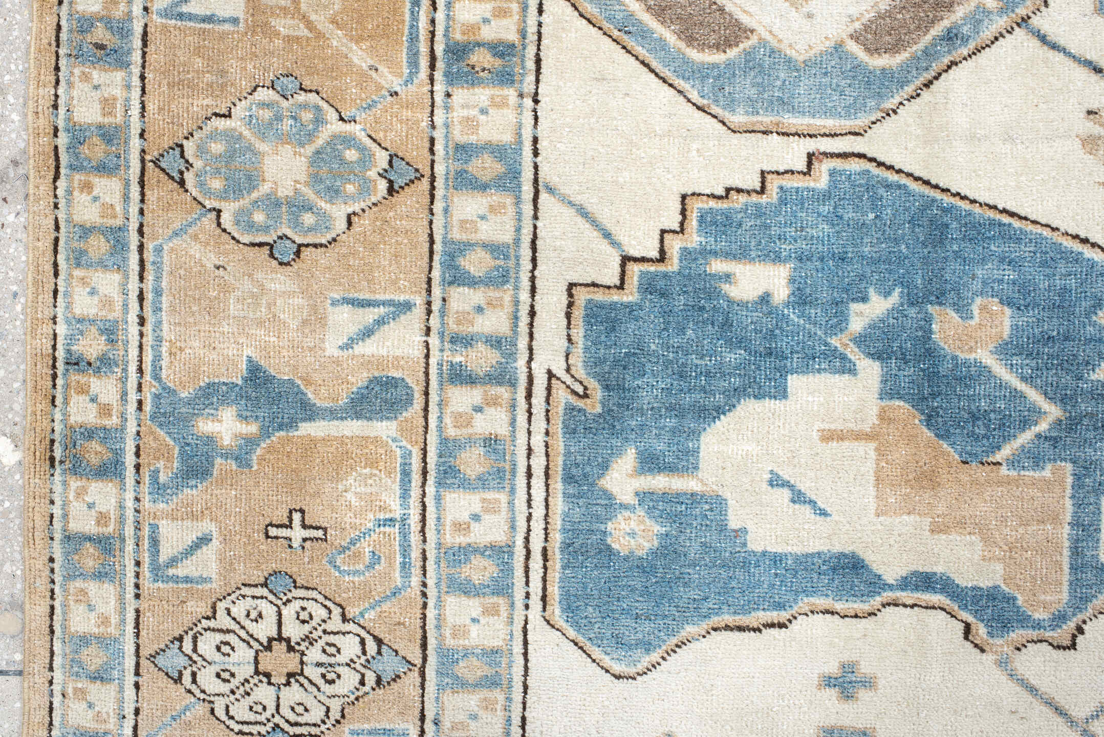 9' x 11' one-of-a-kind handmade antique Ardebil large size rug. Color palette: ivory, sky blue, sand, taupe, camel, brown