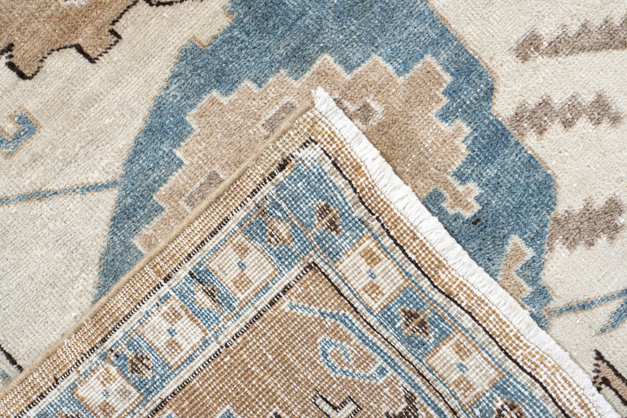 9' x 11' one-of-a-kind handmade antique Ardebil large size rug. Color palette: ivory, sky blue, sand, taupe, camel, brown