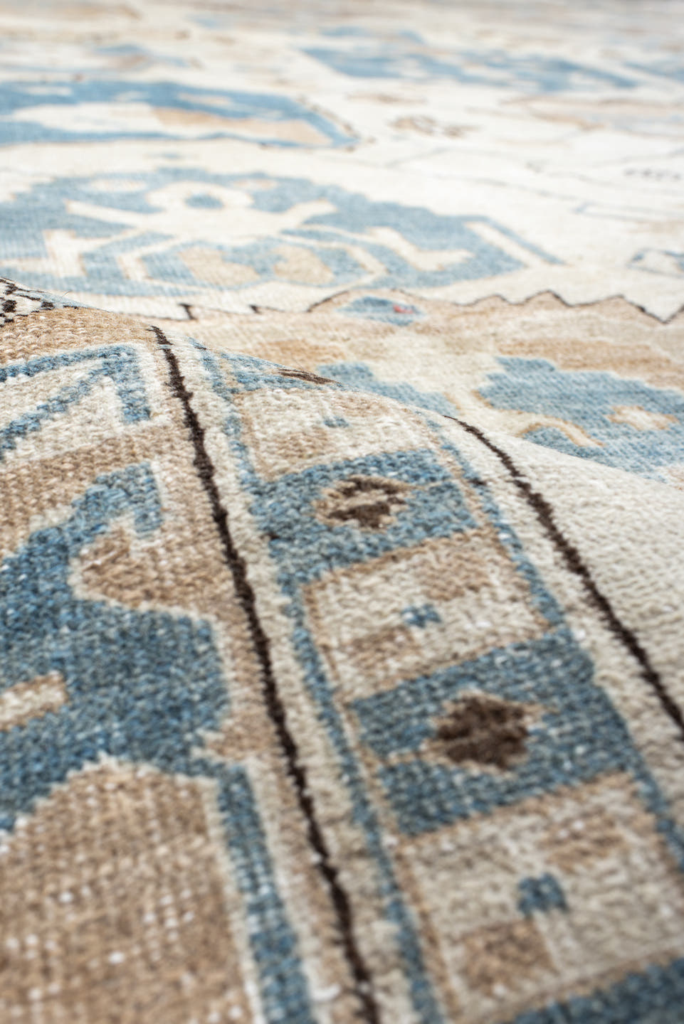 9' x 11' one-of-a-kind handmade antique Ardebil large size rug. Color palette: ivory, sky blue, sand, taupe, camel, brown
