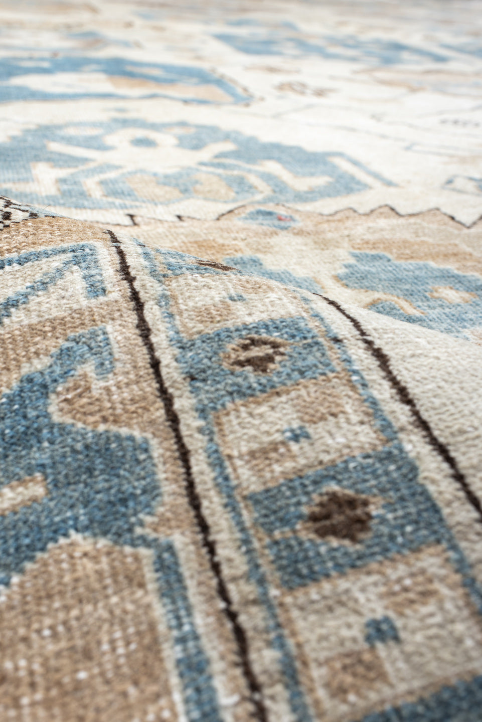 9' x 11' one-of-a-kind handmade antique Ardebil large size rug. Color palette: ivory, sky blue, sand, taupe, camel, brown