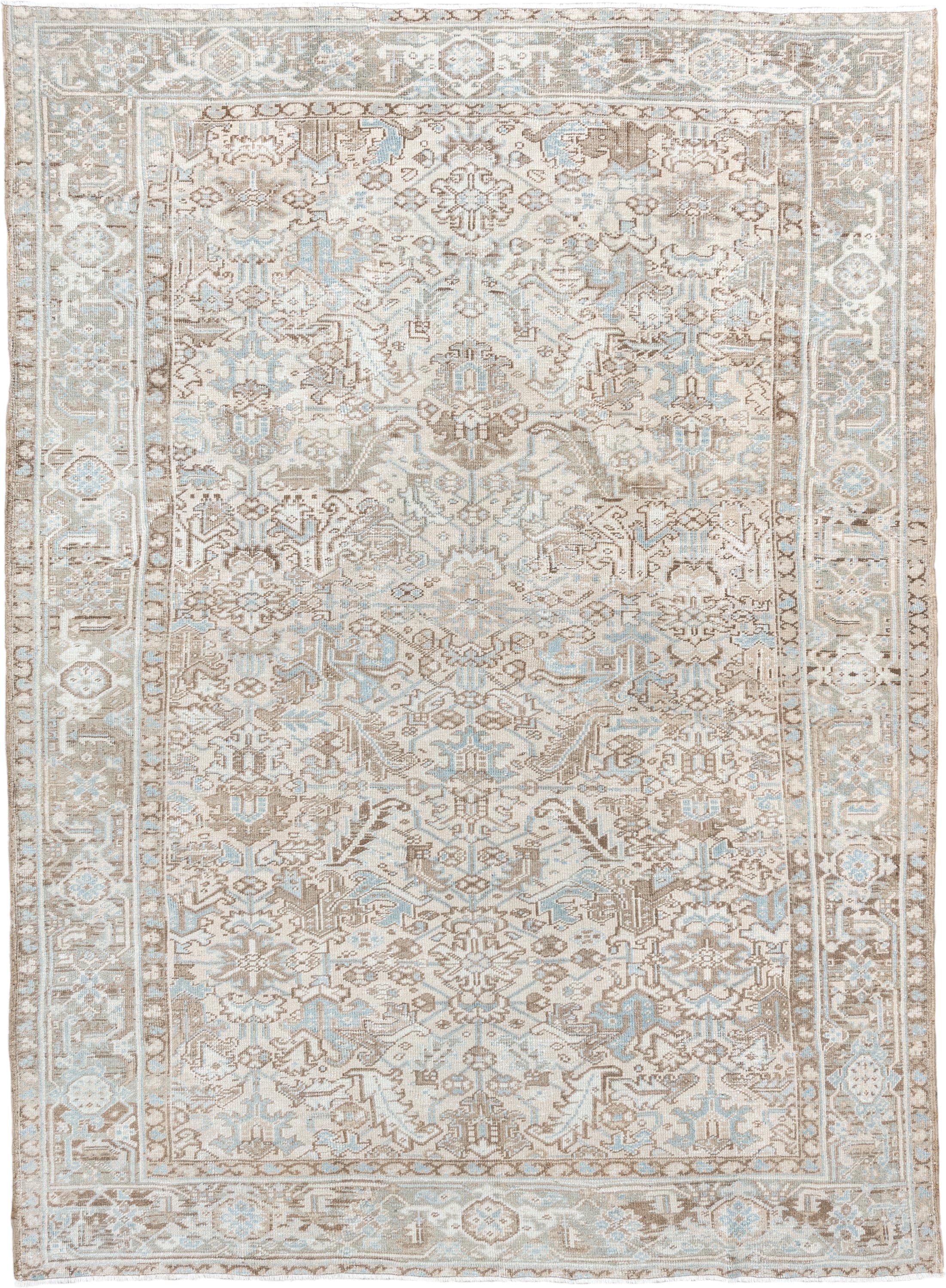8' x 10' one-of-a-kind handmade vintage Heriz large size rug. Color palette: ivory, pale blue, taupe, beige, light gray