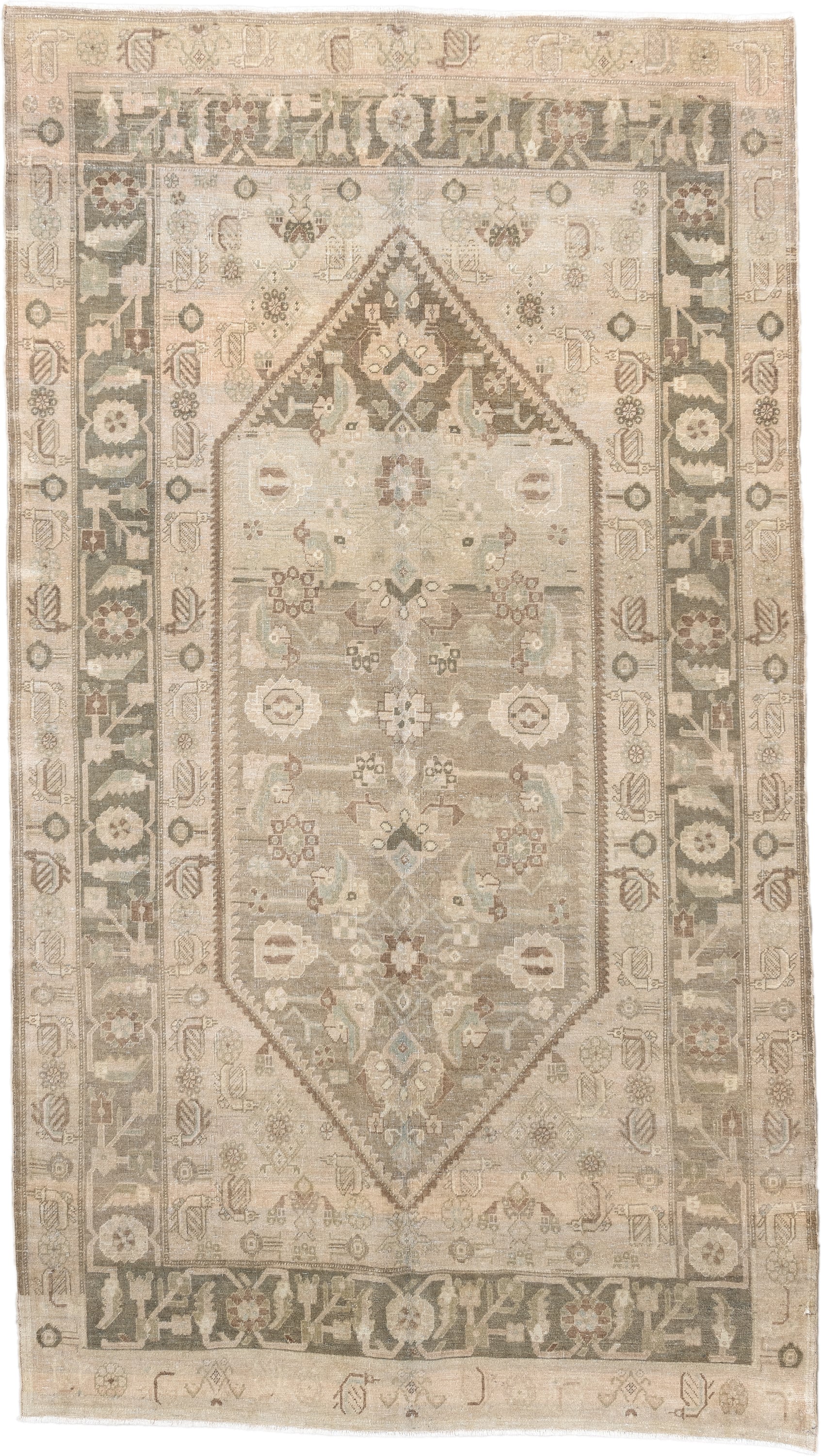 5' x 8' one-of-a-kind handmade vintage Bidjar medium size rug. Color palette: ivory, taupe, sage, camel, brown, rose, olive