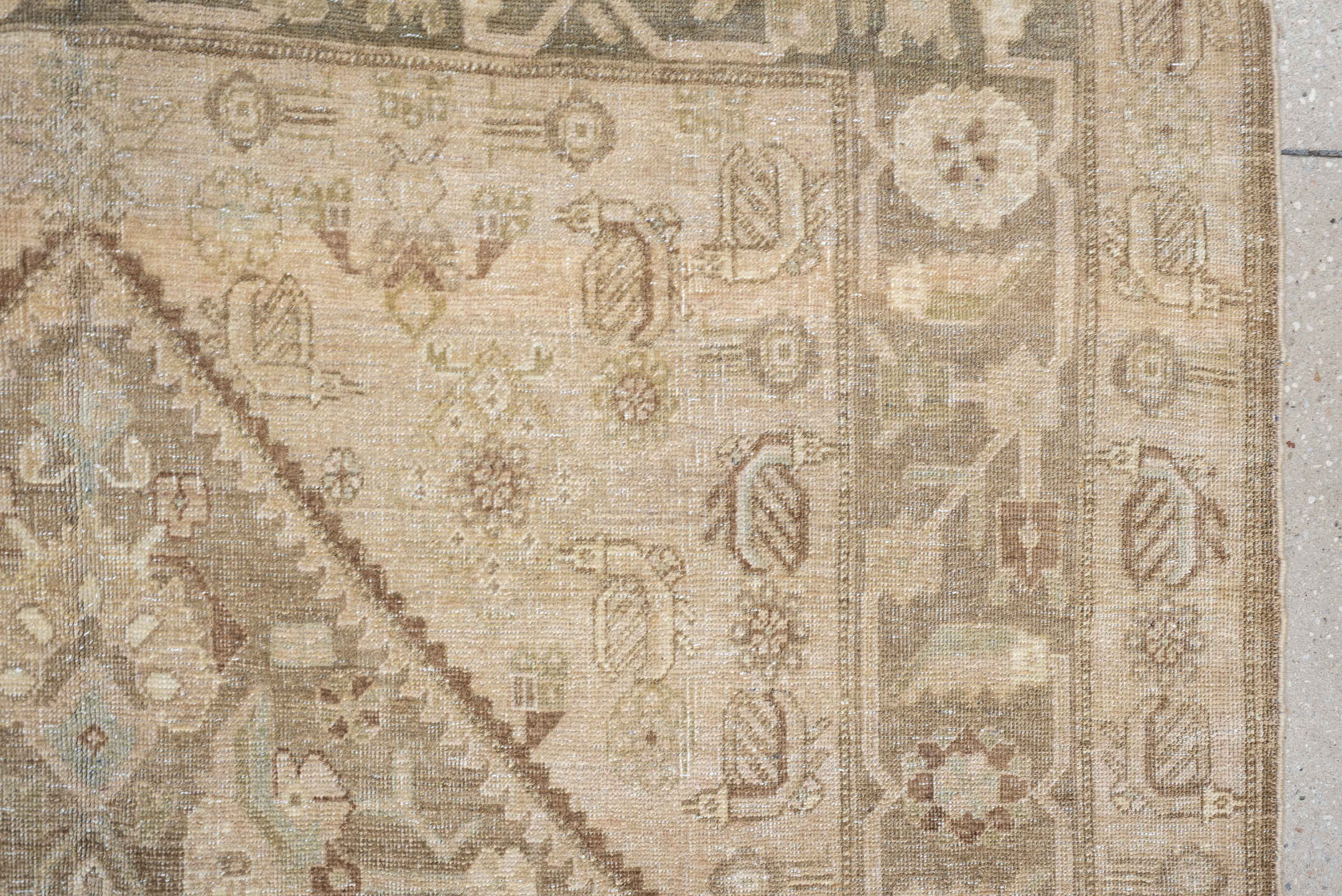 5' x 8' one-of-a-kind handmade vintage Bidjar medium size rug. Color palette: ivory, taupe, sage, camel, brown, rose, olive