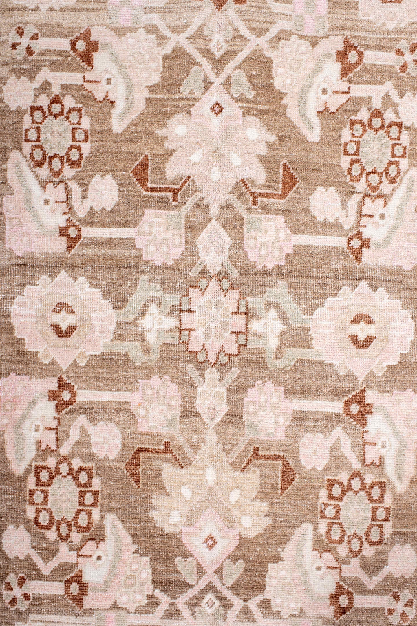 4' x 8' one-of-a-kind handmade antique Bidjar rug. Color palette: ivory, blush, taupe, camel, brown, rose, pink, beige, gray