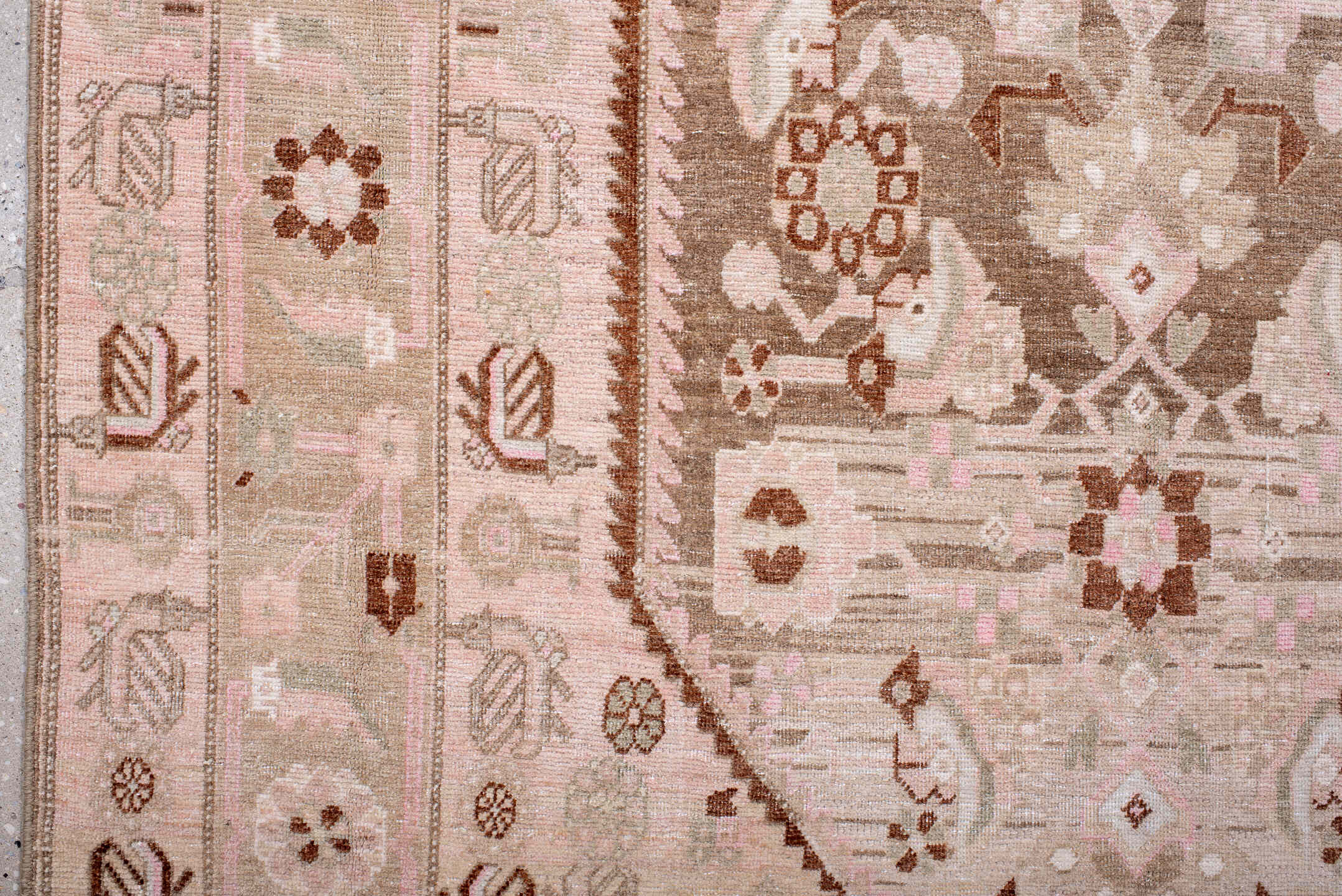 4' x 8' one-of-a-kind handmade antique Bidjar rug. Color palette: ivory, blush, taupe, camel, brown, rose, pink, beige, gray