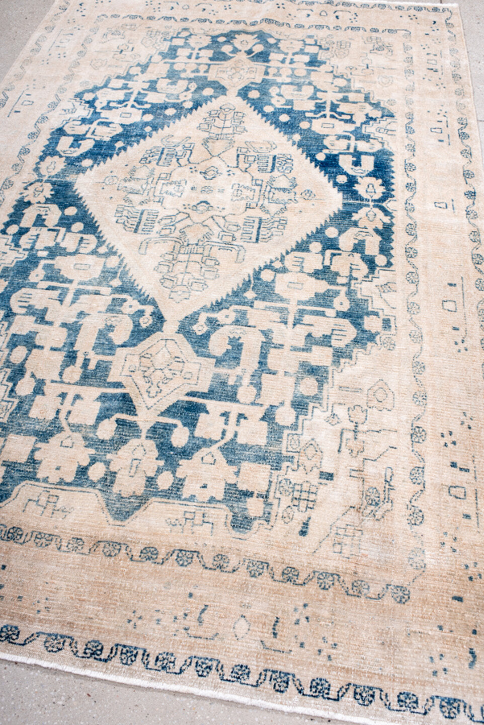 5' x 8' one-of-a-kind handmade vintage Hamadan medium size rug. Color palette: blue, brown, dark gray, gray, light blue