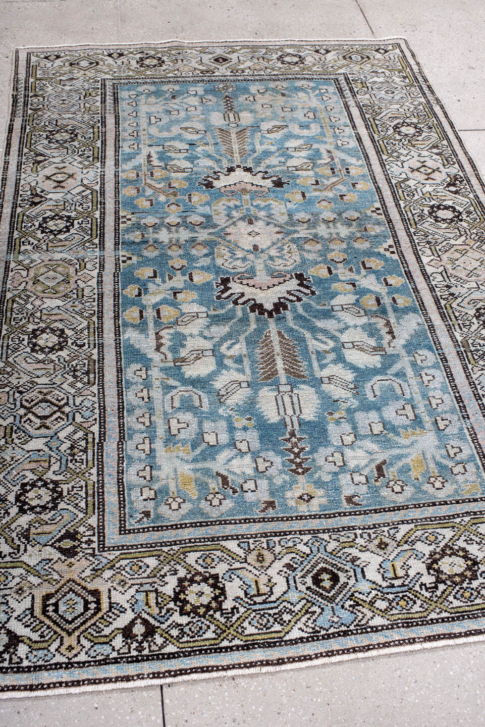 4' x 7' one-of-a-kind handmade antique Hamadan rug. Color palette: sky blue, ivory, charcoal, sage, taupe, gold, brown
