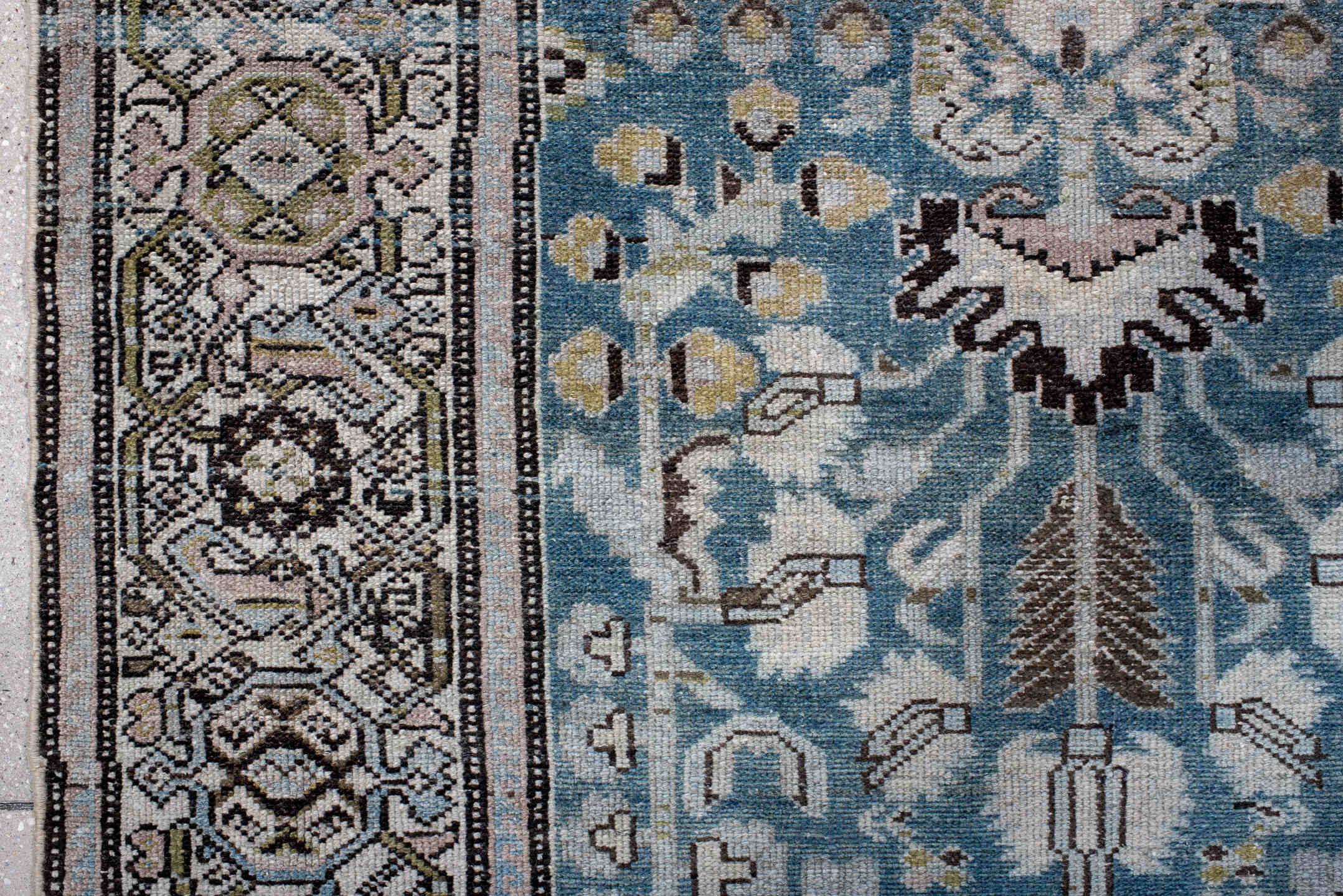 4' x 7' one-of-a-kind handmade antique Hamadan rug. Color palette: sky blue, ivory, charcoal, sage, taupe, gold, brown