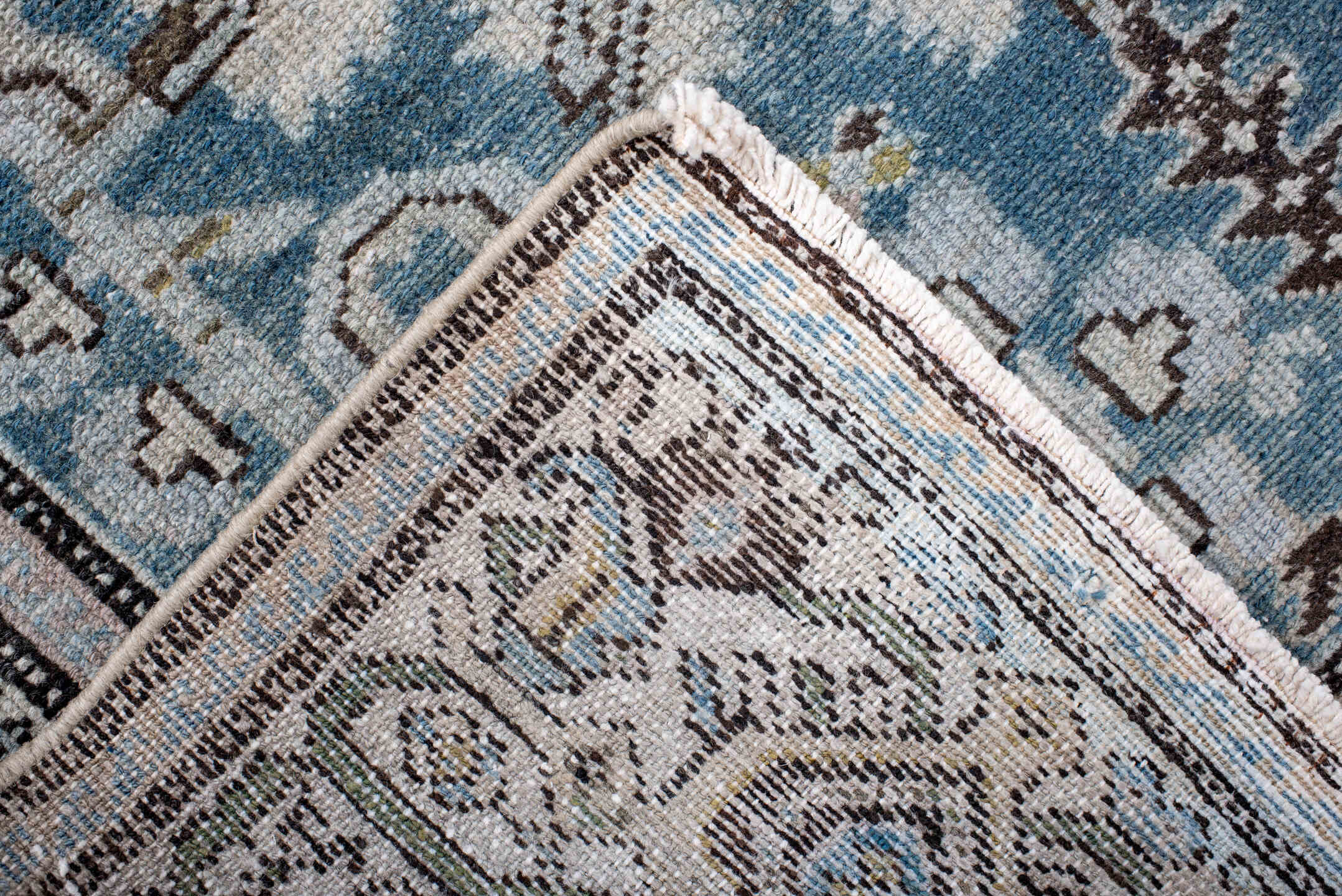 4' x 7' one-of-a-kind handmade antique Hamadan rug. Color palette: sky blue, ivory, charcoal, sage, taupe, gold, brown