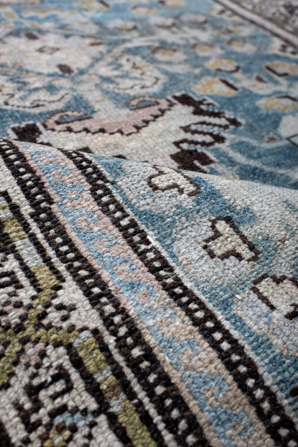 4' x 7' one-of-a-kind handmade antique Hamadan rug. Color palette: sky blue, ivory, charcoal, sage, taupe, gold, brown