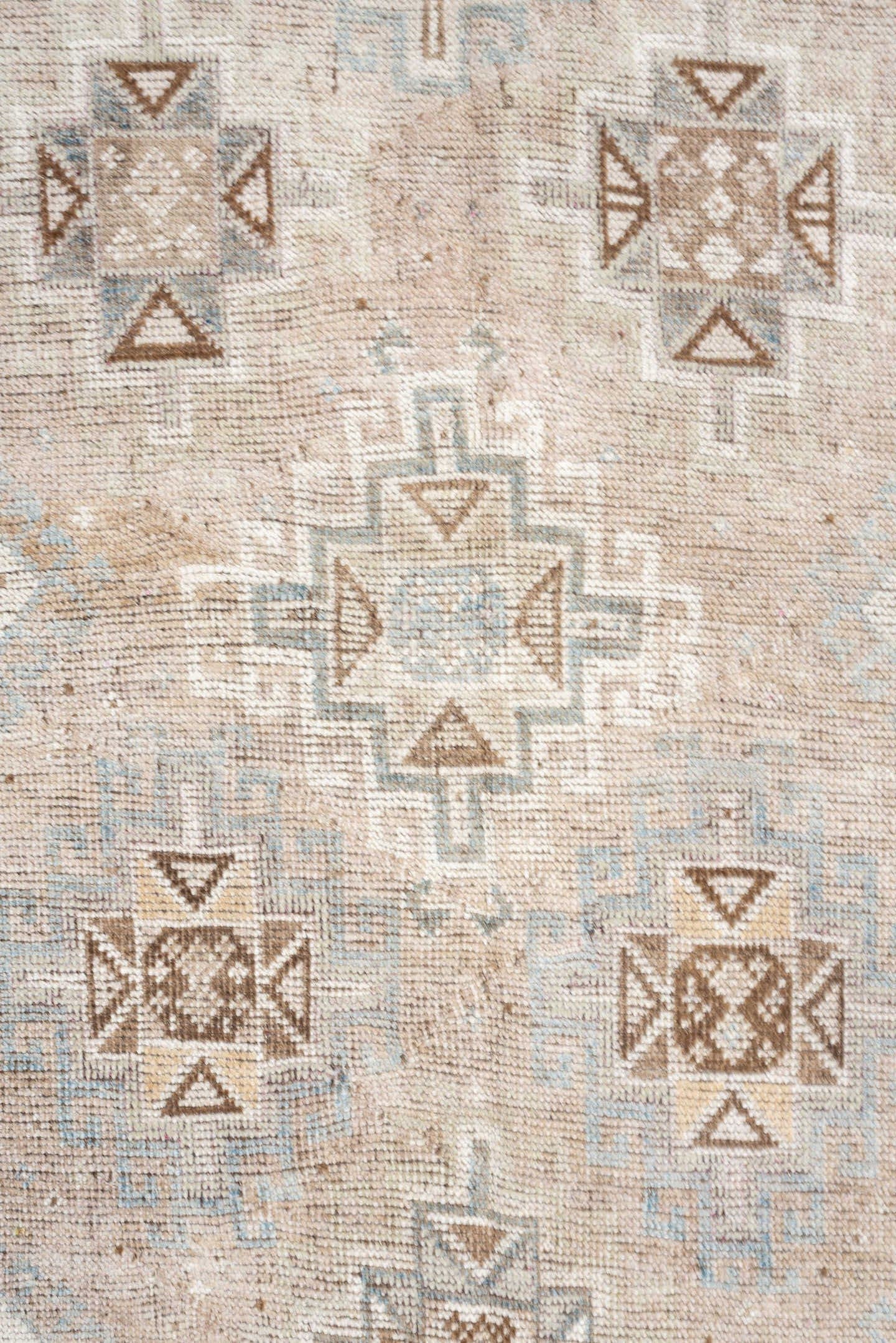 4' x 6' one-of-a-kind handmade antique Gabbe rug. Color palette: ivory, camel, taupe, pale blue, sand, light brown, blush