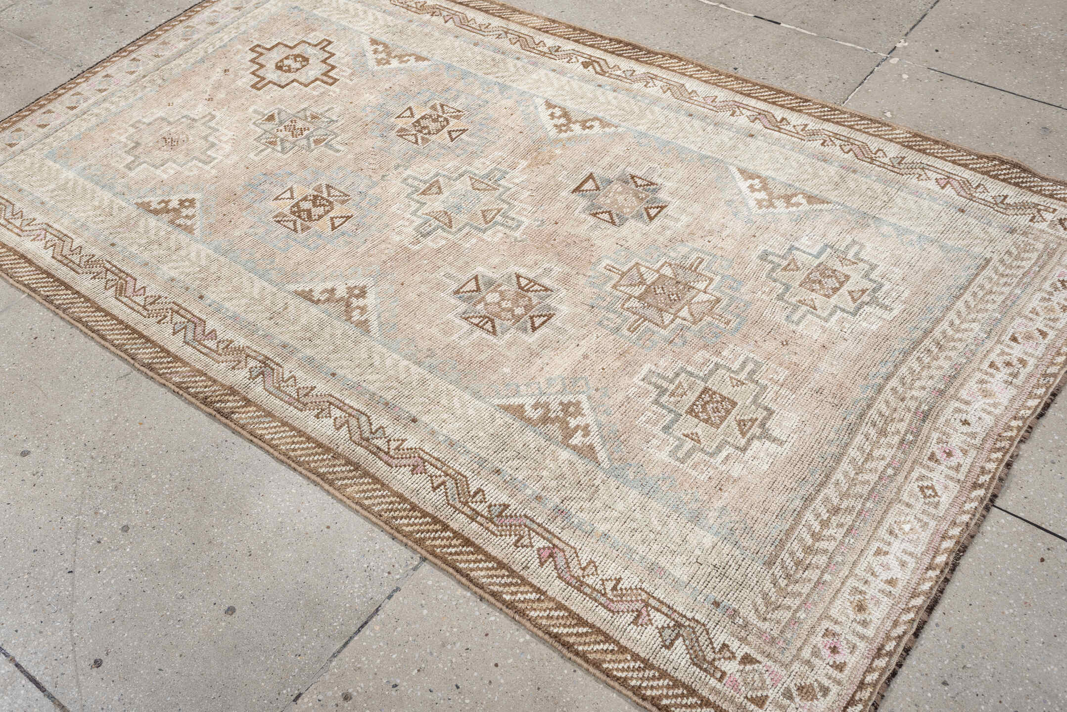 4' x 6' one-of-a-kind handmade antique Gabbe rug. Color palette: ivory, camel, taupe, pale blue, sand, light brown, blush