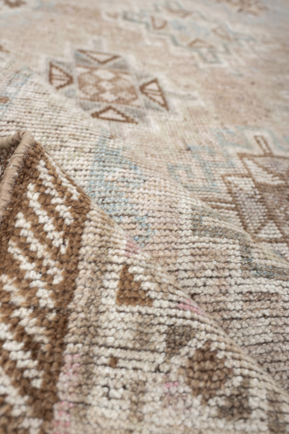 4' x 6' one-of-a-kind handmade antique Gabbe rug. Color palette: ivory, camel, taupe, pale blue, sand, light brown, blush