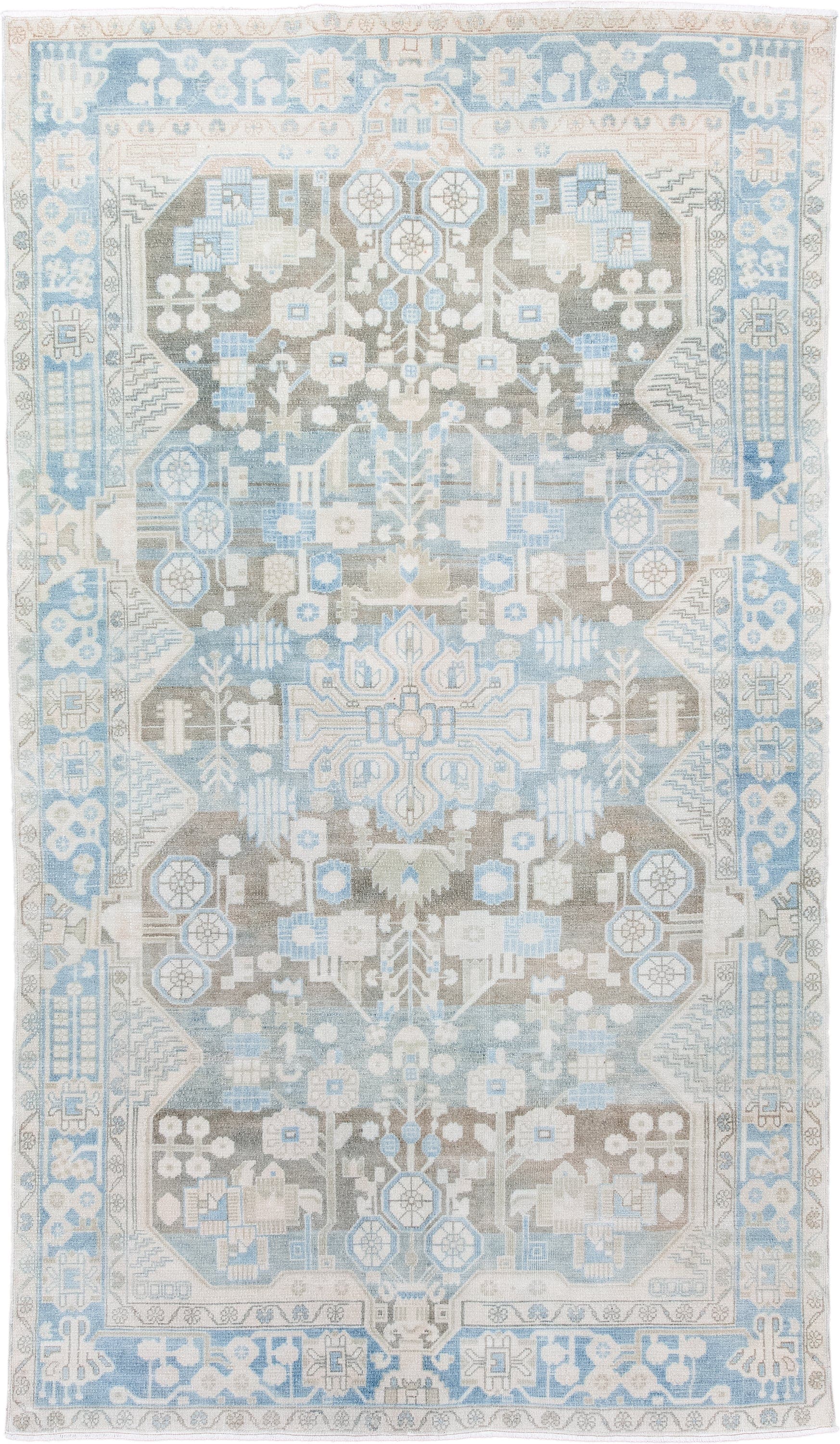 5' x 8' one-of-a-kind handmade antique Malayer medium size rug. Color palette: ivory, sky blue, taupe, light blue, beige