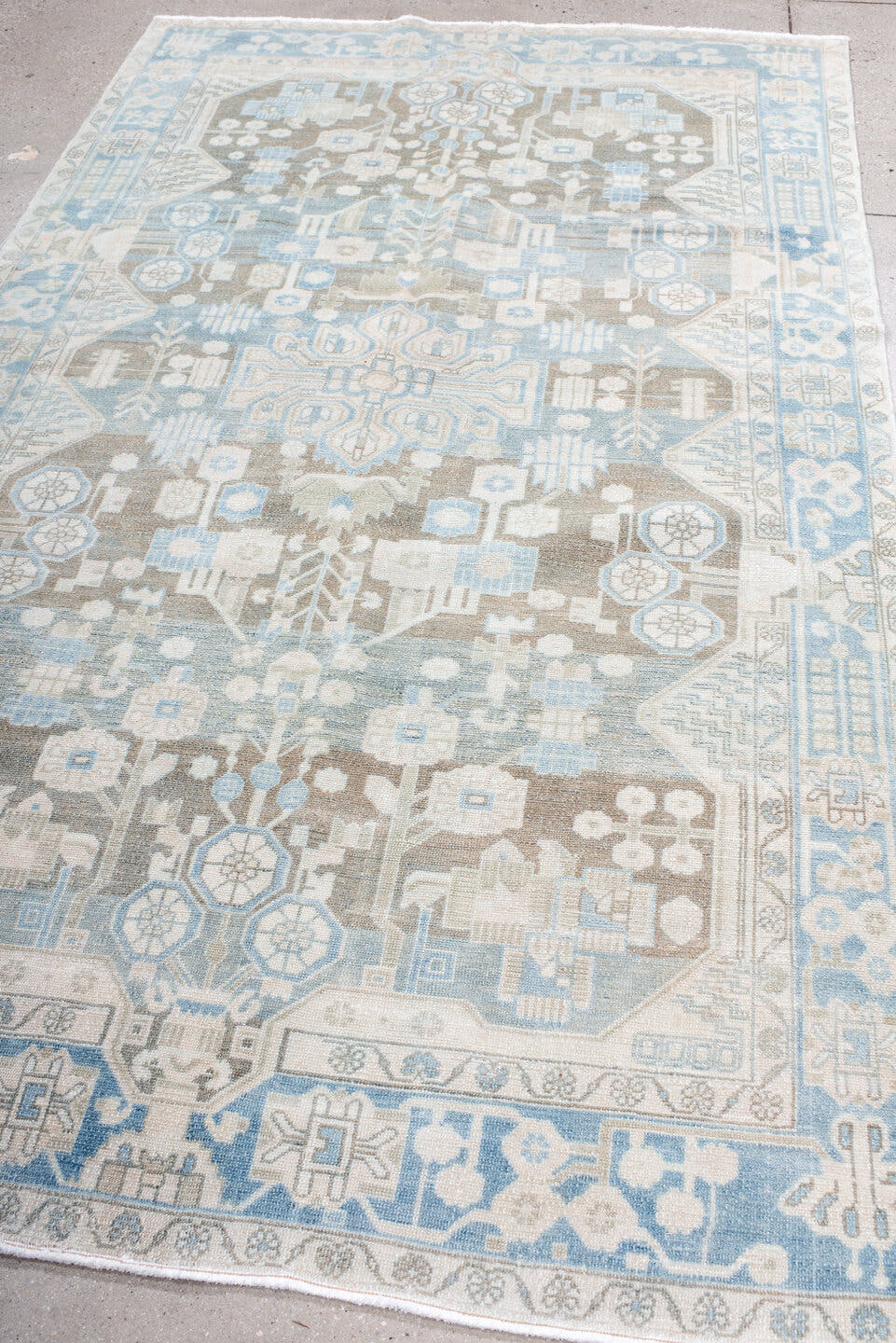 5' x 8' one-of-a-kind handmade antique Malayer medium size rug. Color palette: ivory, sky blue, taupe, light blue, beige