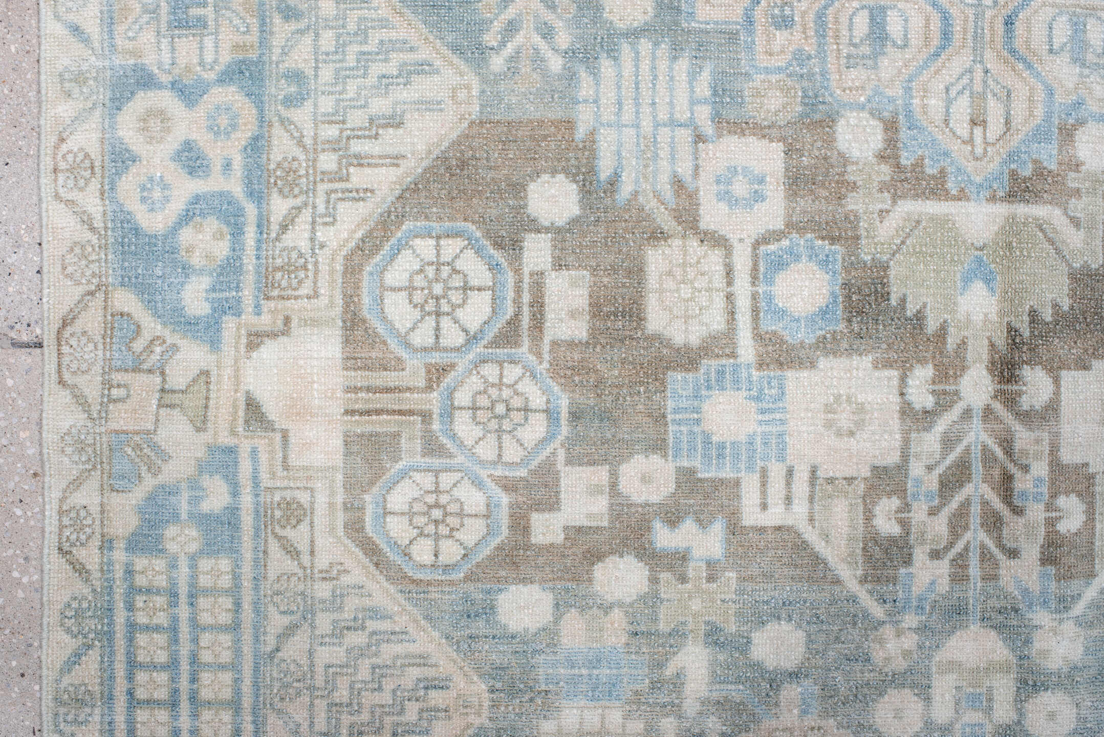 5' x 8' one-of-a-kind handmade antique Malayer medium size rug. Color palette: ivory, sky blue, taupe, light blue, beige