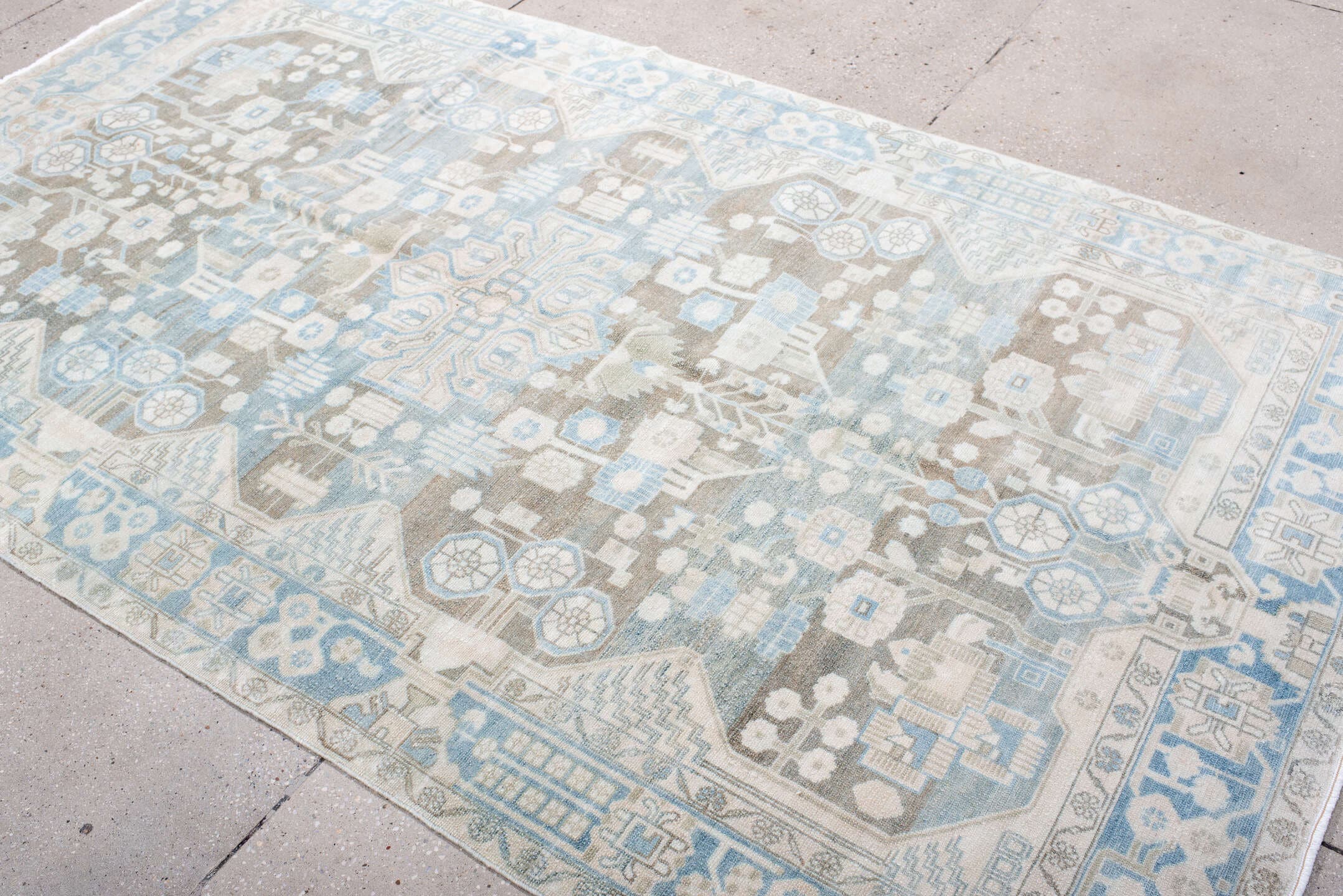 5' x 8' one-of-a-kind handmade antique Malayer medium size rug. Color palette: ivory, sky blue, taupe, light blue, beige