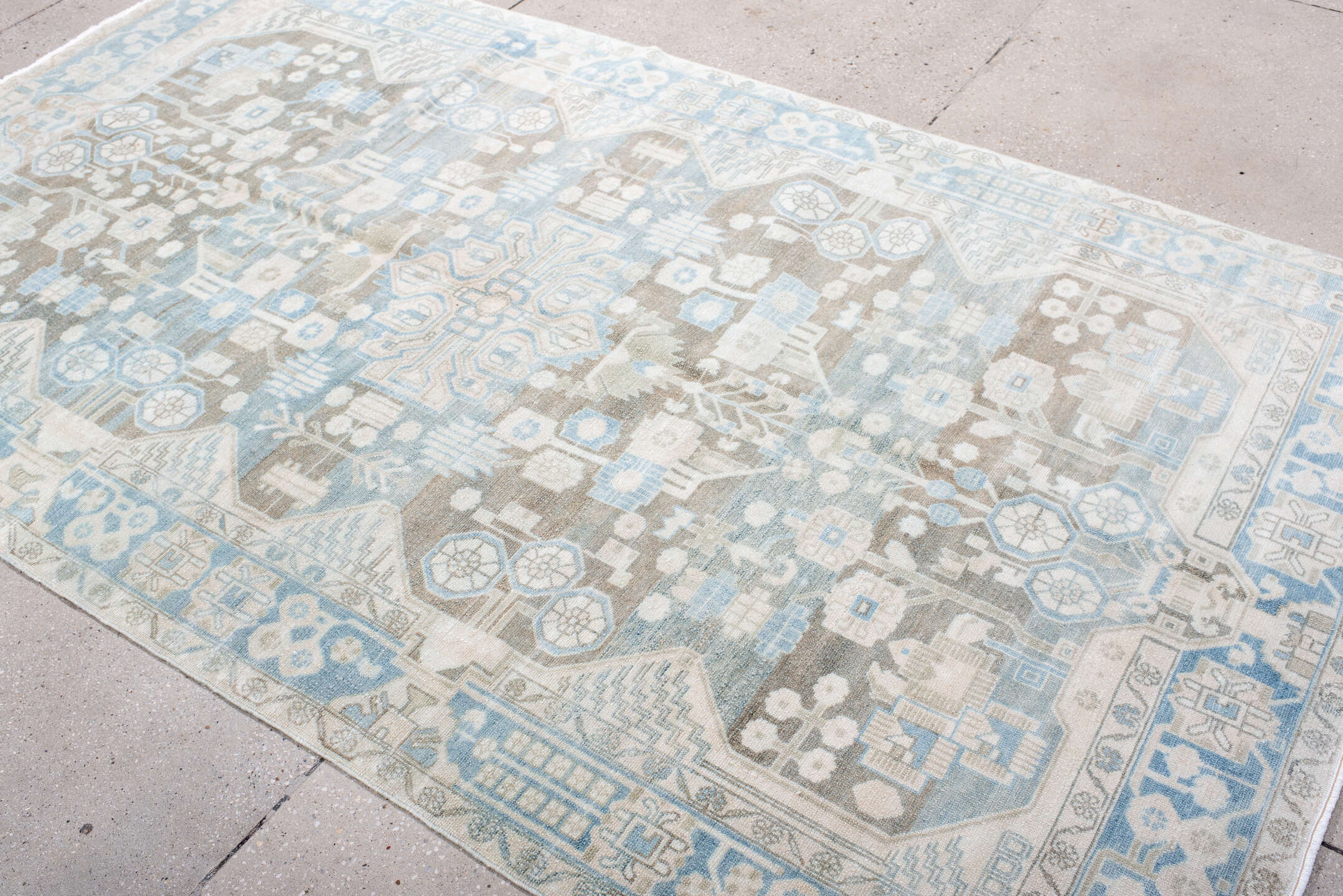 5' x 8' one-of-a-kind handmade antique Malayer medium size rug. Color palette: ivory, sky blue, taupe, light blue, beige