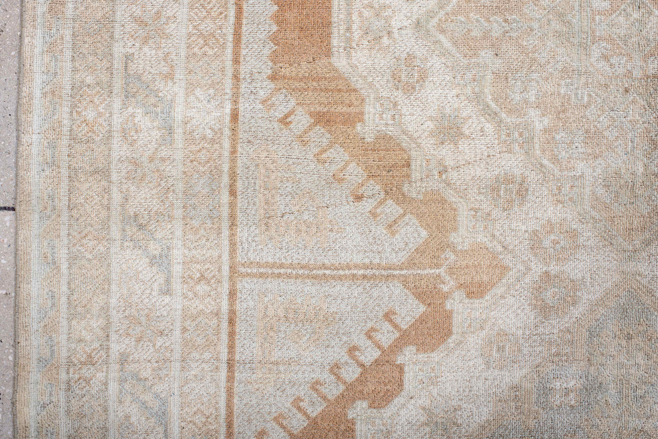4' x 7' one-of-a-kind handmade antique Anatolian rug. Color palette: ivory, camel, pale blue, cream, taupe, beige