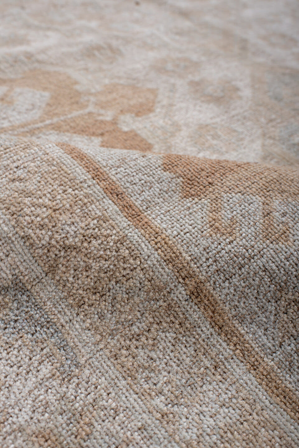 4' x 7' one-of-a-kind handmade antique Anatolian rug. Color palette: ivory, camel, pale blue, cream, taupe, beige
