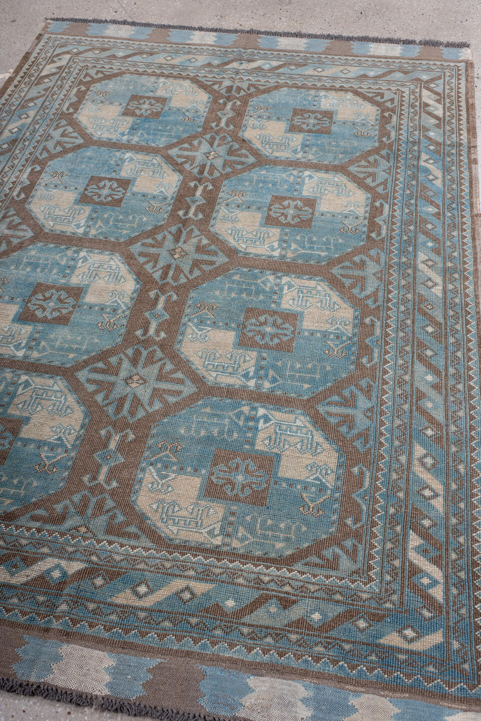4' x 7' one-of-a-kind handmade vintage Afghan rug. Color palette: black, blue, brown, charcoal, dark gray, dim gray, gray