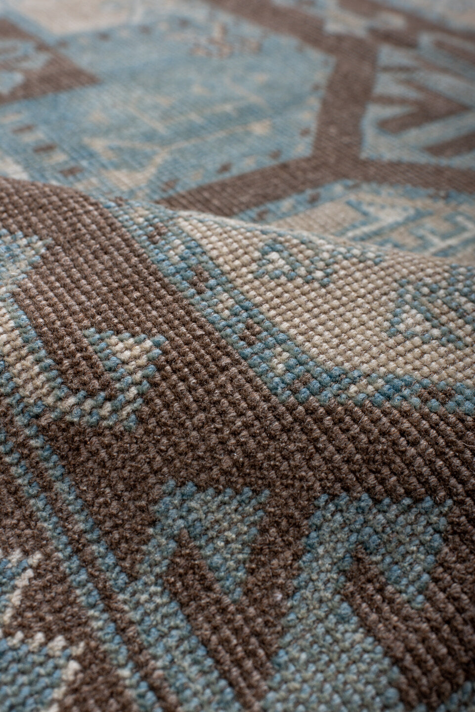 4' x 7' one-of-a-kind handmade vintage Afghan rug. Color palette: black, blue, brown, charcoal, dark gray, dim gray, gray