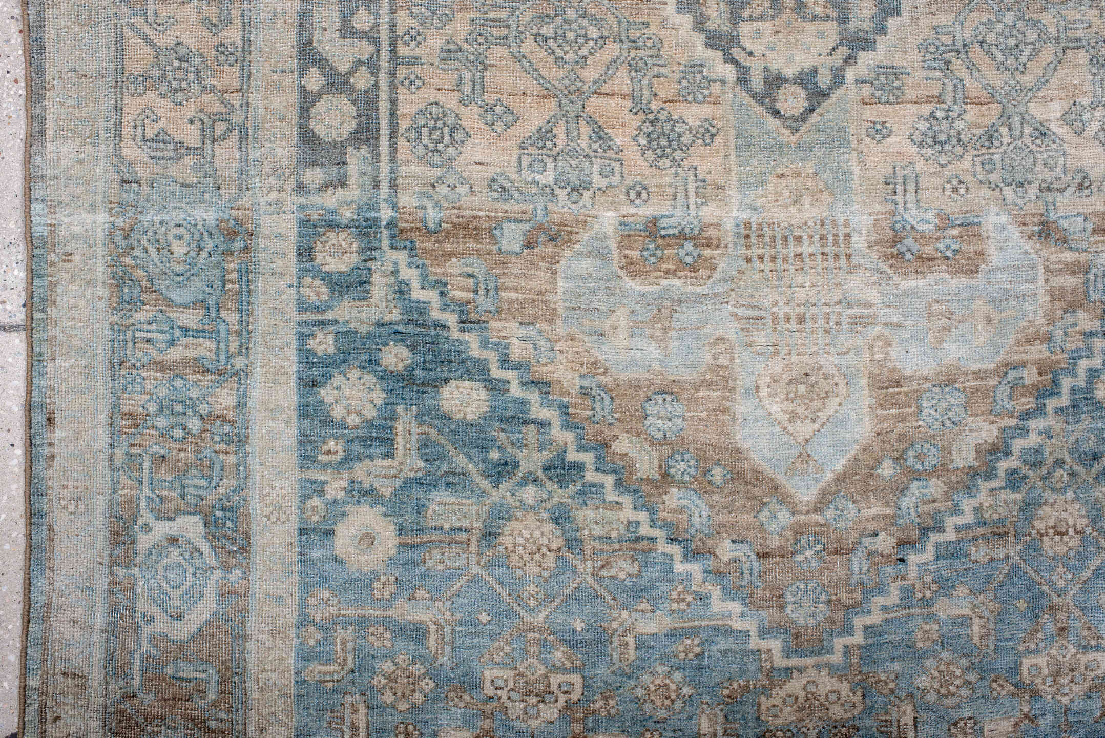 4' x 7' one-of-a-kind handmade antique Bidjar rug. Color palette: pale blue, ivory, taupe, charcoal, slate, brown