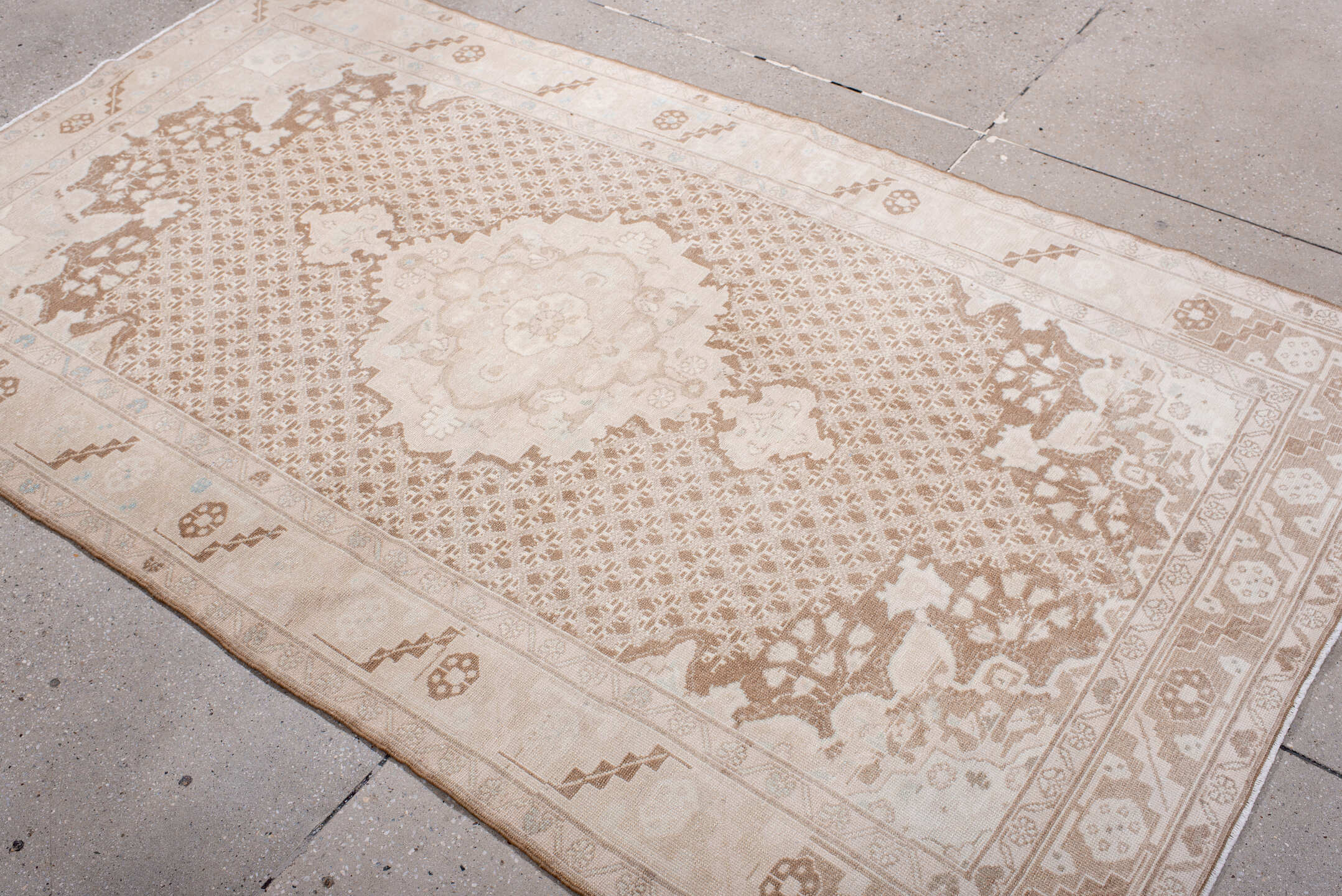 4' x 7' one-of-a-kind handmade antique Malayer rug. Color palette: ivory, sand, camel, taupe, pale blue, beige, gray