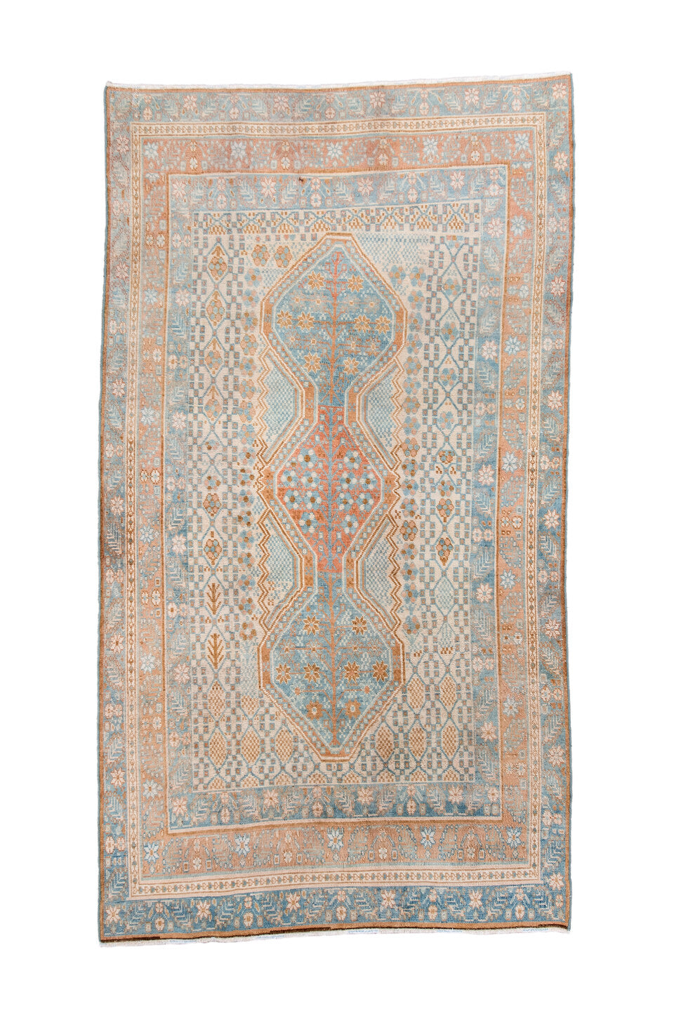 3' x 6' one-of-a-kind handmade antique Afshar small size rug. Color palette: ivory, sky blue, peach, camel, tan, light blue