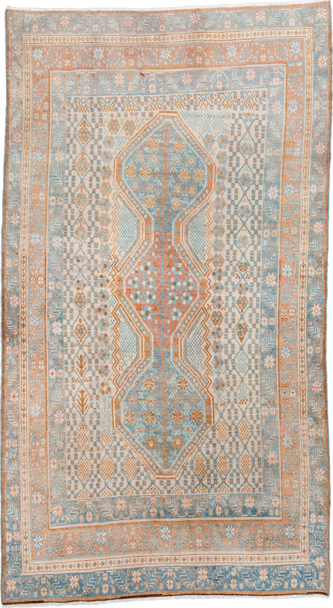 3' x 6' one-of-a-kind handmade vintage Afshar small size rug. Color palette: brown, dark gray, gainsboro, gray, light blue