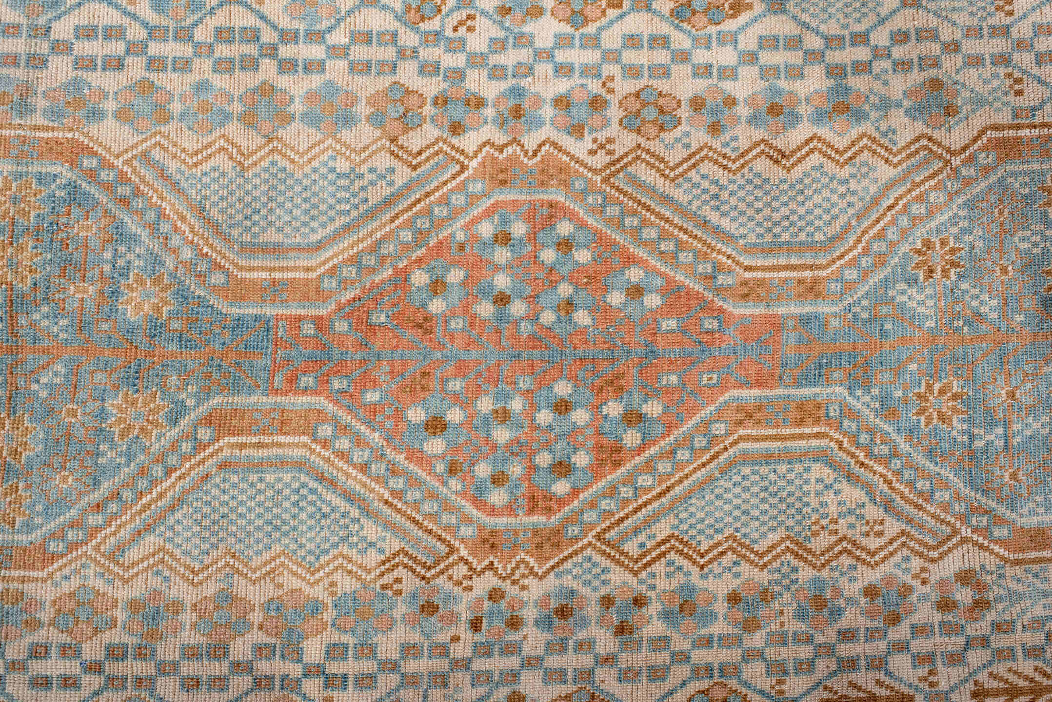 3' x 6' one-of-a-kind handmade antique Afshar small size rug. Color palette: ivory, sky blue, peach, camel, tan, light blue