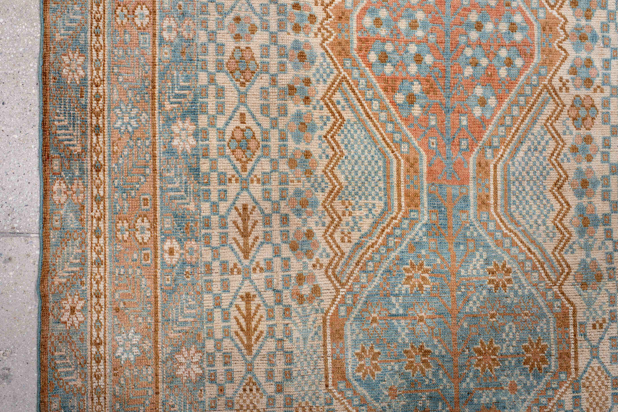 3' x 6' one-of-a-kind handmade antique Afshar small size rug. Color palette: ivory, sky blue, peach, camel, tan, light blue