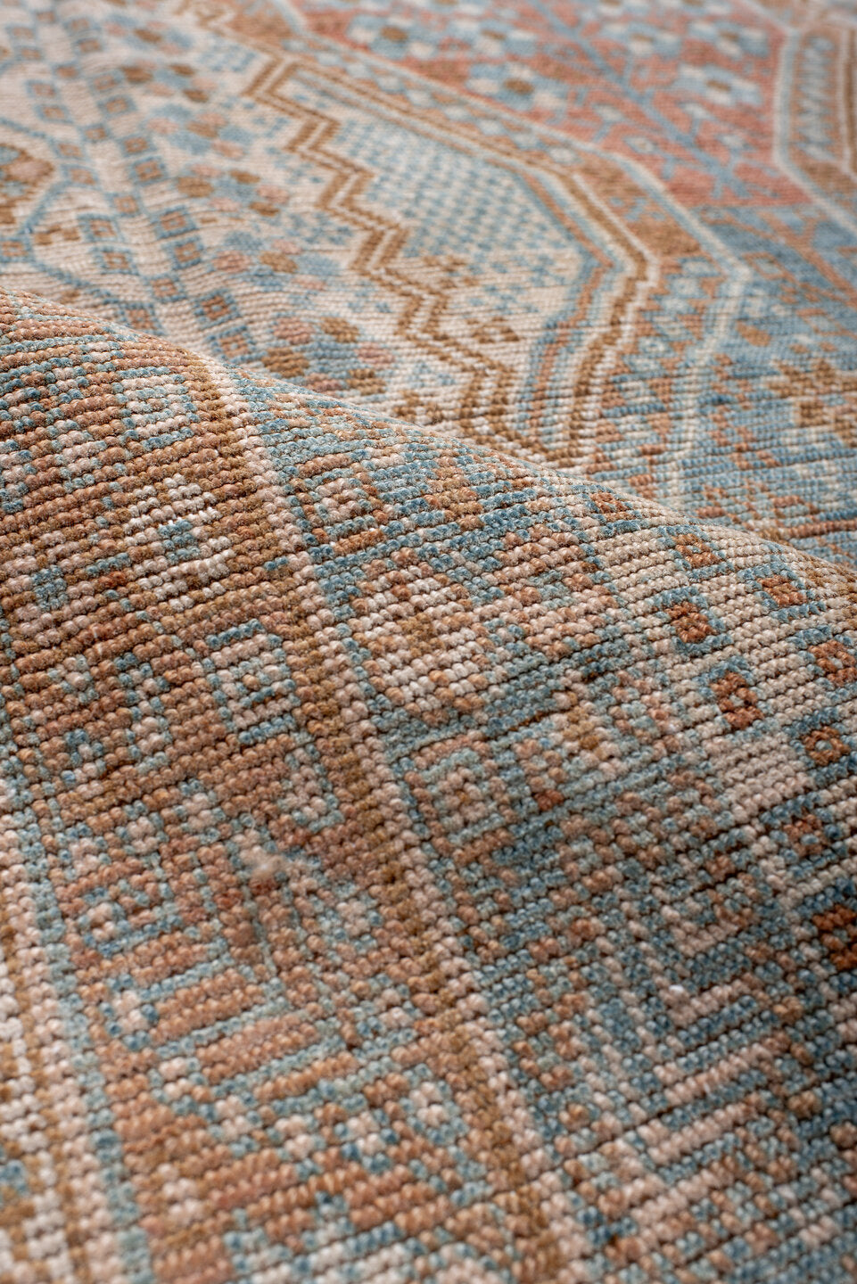 3' x 6' one-of-a-kind handmade antique Afshar small size rug. Color palette: ivory, sky blue, peach, camel, tan, light blue