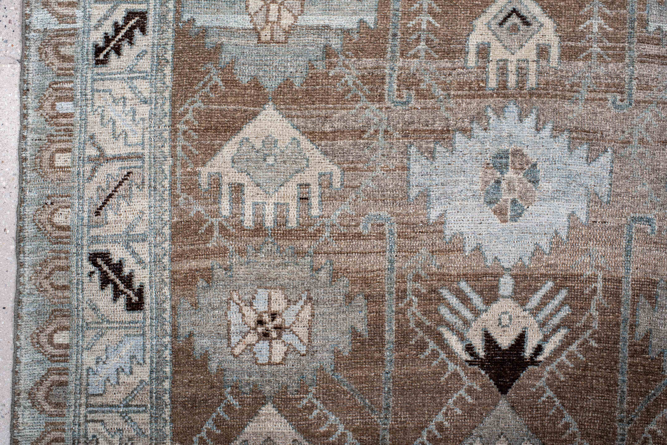 4' x 10' one-of-a-kind handmade vintage Malayer runner rug. Color palette: gray, black, brown, pink, light gray, off-white