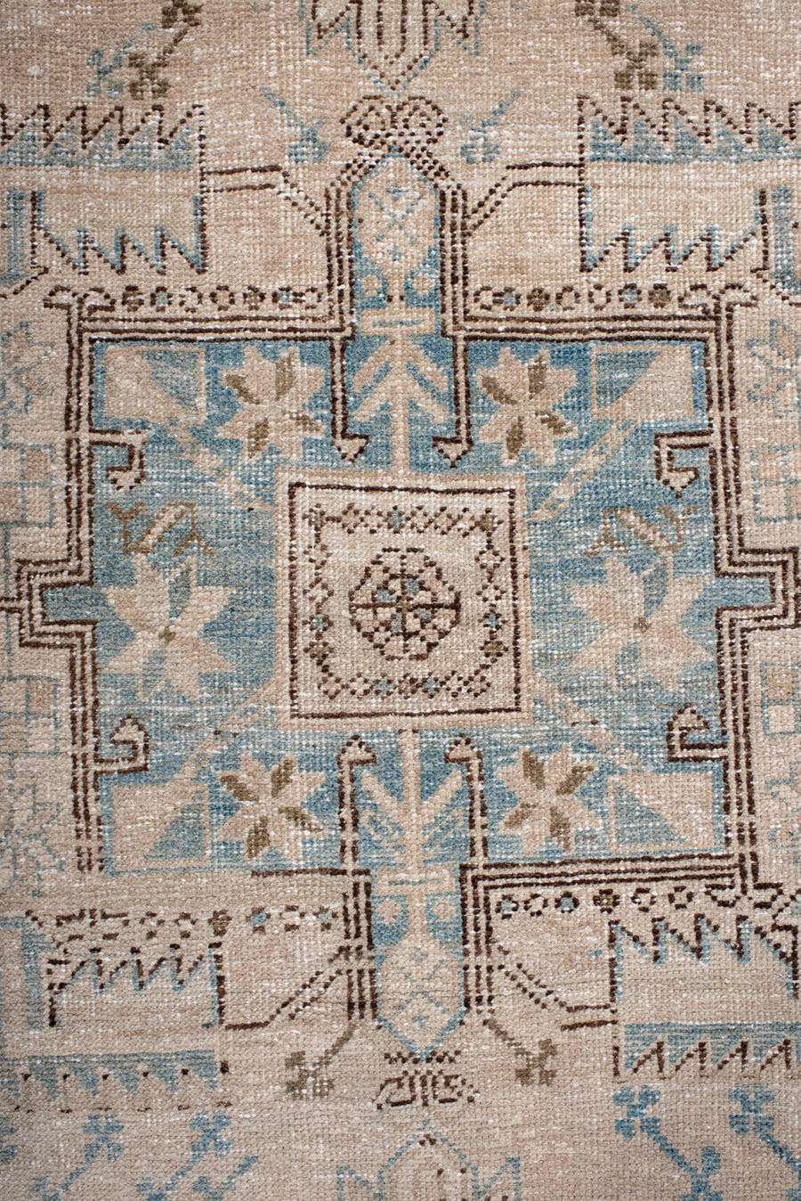 3' x 11' one-of-a-kind handmade antique Heriz runner rug. Color palette: ivory, sky blue, taupe, brown, camel, light blue