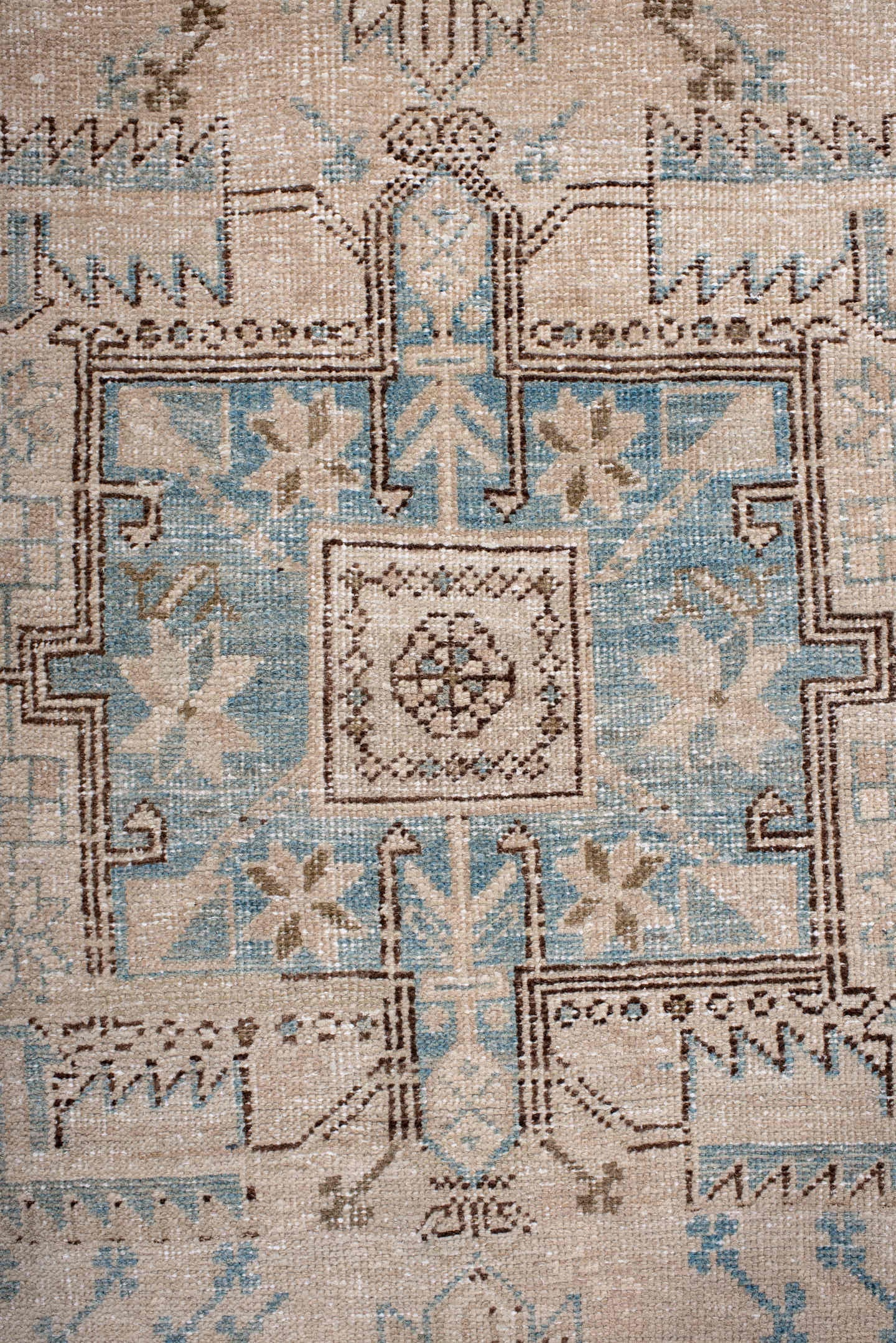 3' x 11' one-of-a-kind handmade antique Heriz runner rug. Color palette: ivory, sky blue, taupe, brown, camel, light blue