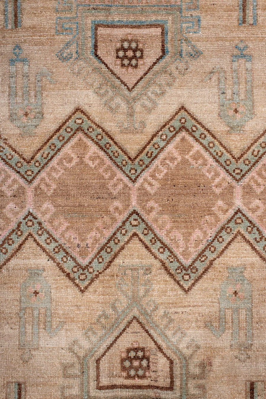 5' x 11' one-of-a-kind handmade antique Hamadan large size rug. Color palette: blush, ivory, camel, sky blue, taupe, brown