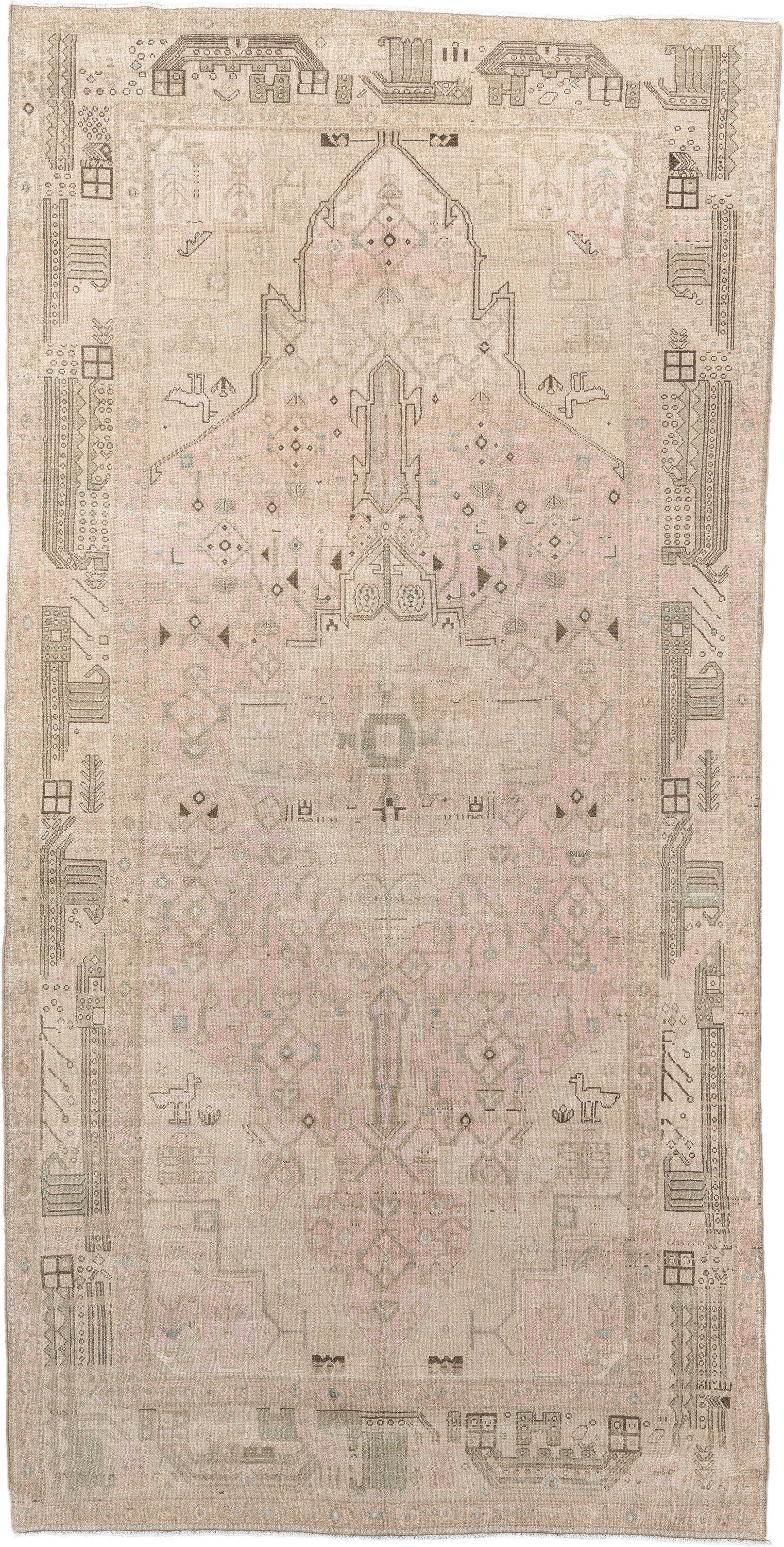 5' x 11' one-of-a-kind handmade vintage Malayer rug. Color palette: ivory, blush, taupe, camel, brown, pale blue, pink