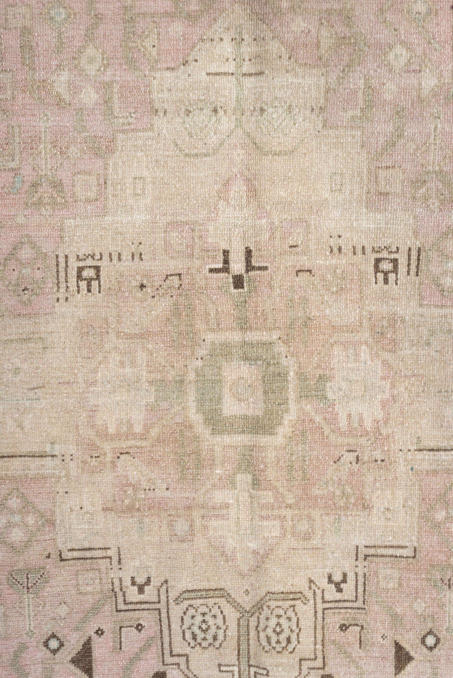 5' x 11' one-of-a-kind handmade vintage Malayer rug. Color palette: ivory, blush, taupe, camel, brown, pale blue, pink