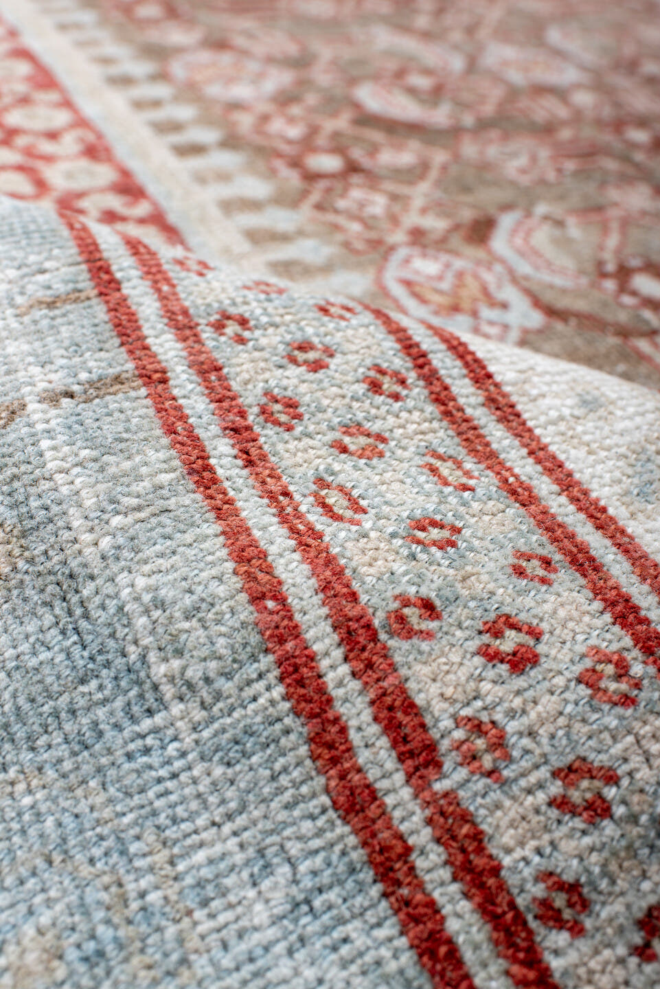 4' x 7' one-of-a-kind handmade vintage Sivas rug. Color palette: ivory, pale blue, rust, taupe, camel, light blue