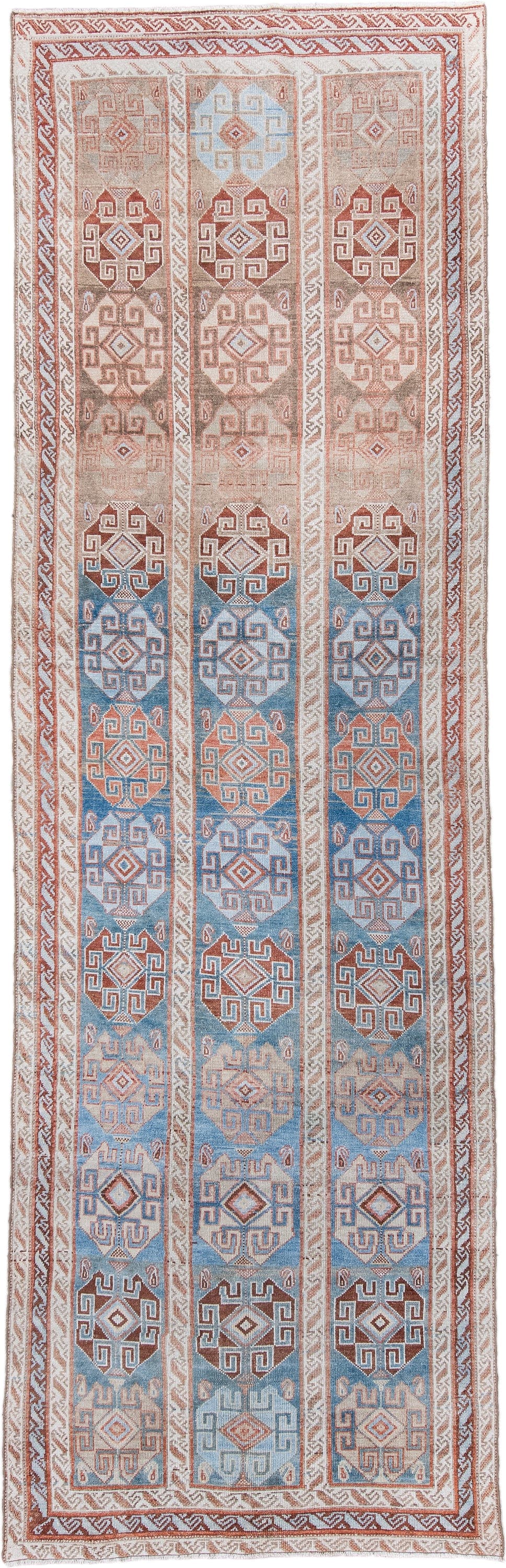 4' x 12' one-of-a-kind handmade antique NW Persian runner rug. Color palette: sky blue, ivory, terracotta, rust, camel