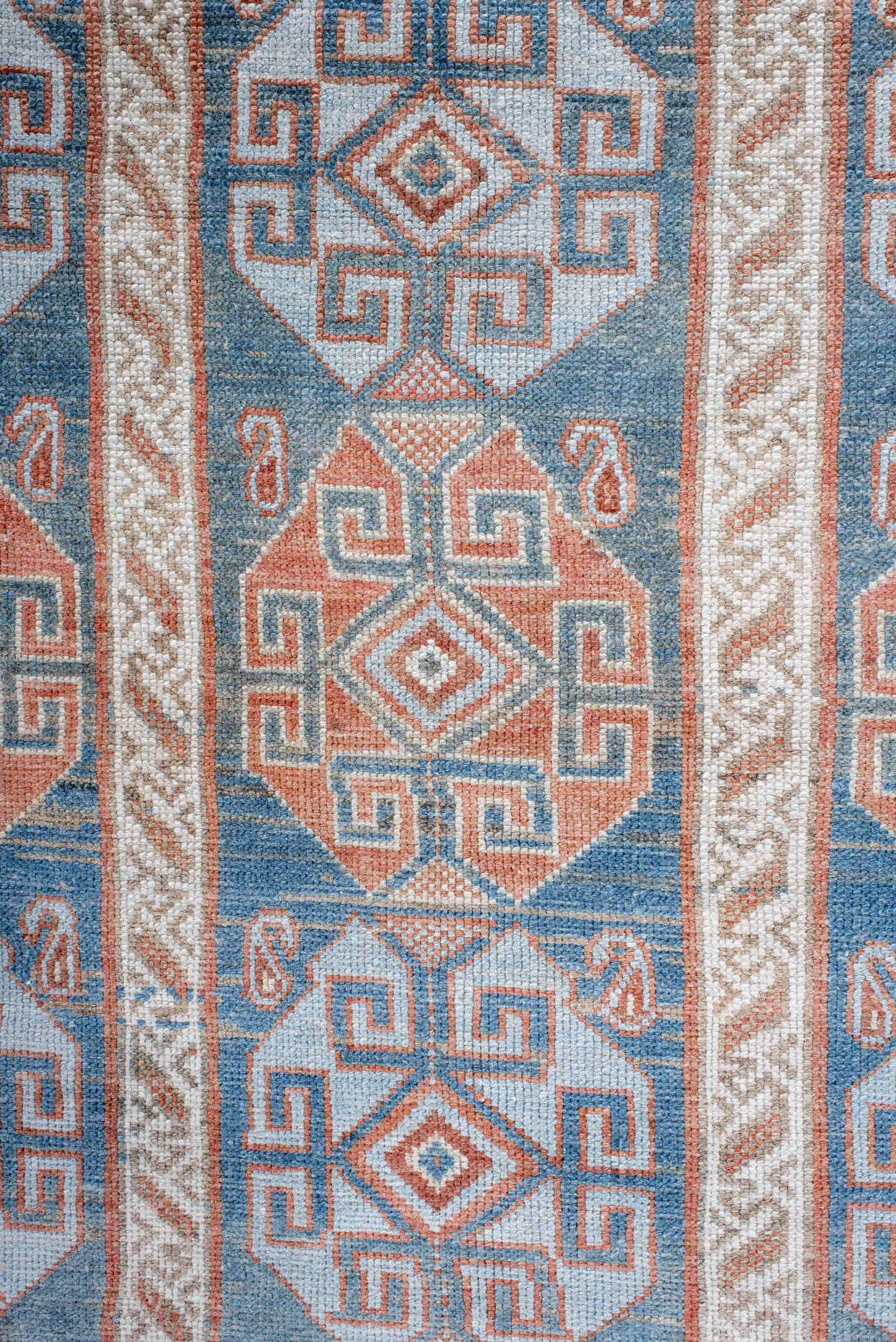 4' x 12' one-of-a-kind handmade antique NW Persian runner rug. Color palette: sky blue, ivory, terracotta, rust, camel