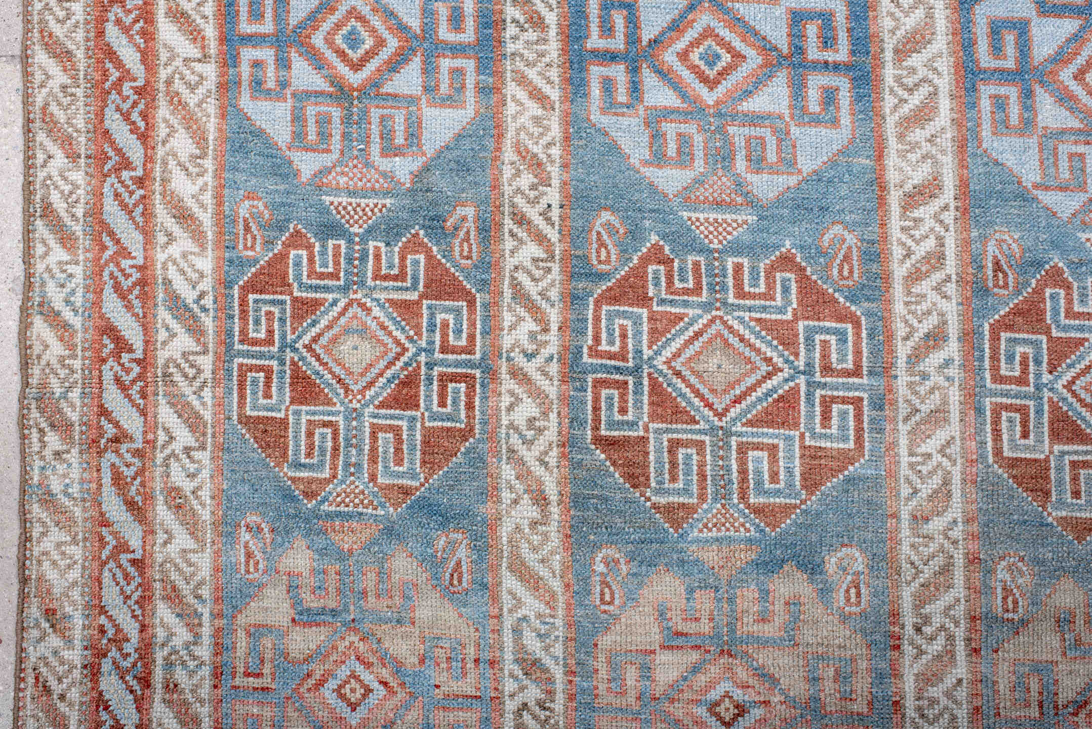 4' x 12' one-of-a-kind handmade antique NW Persian runner rug. Color palette: sky blue, ivory, terracotta, rust, camel