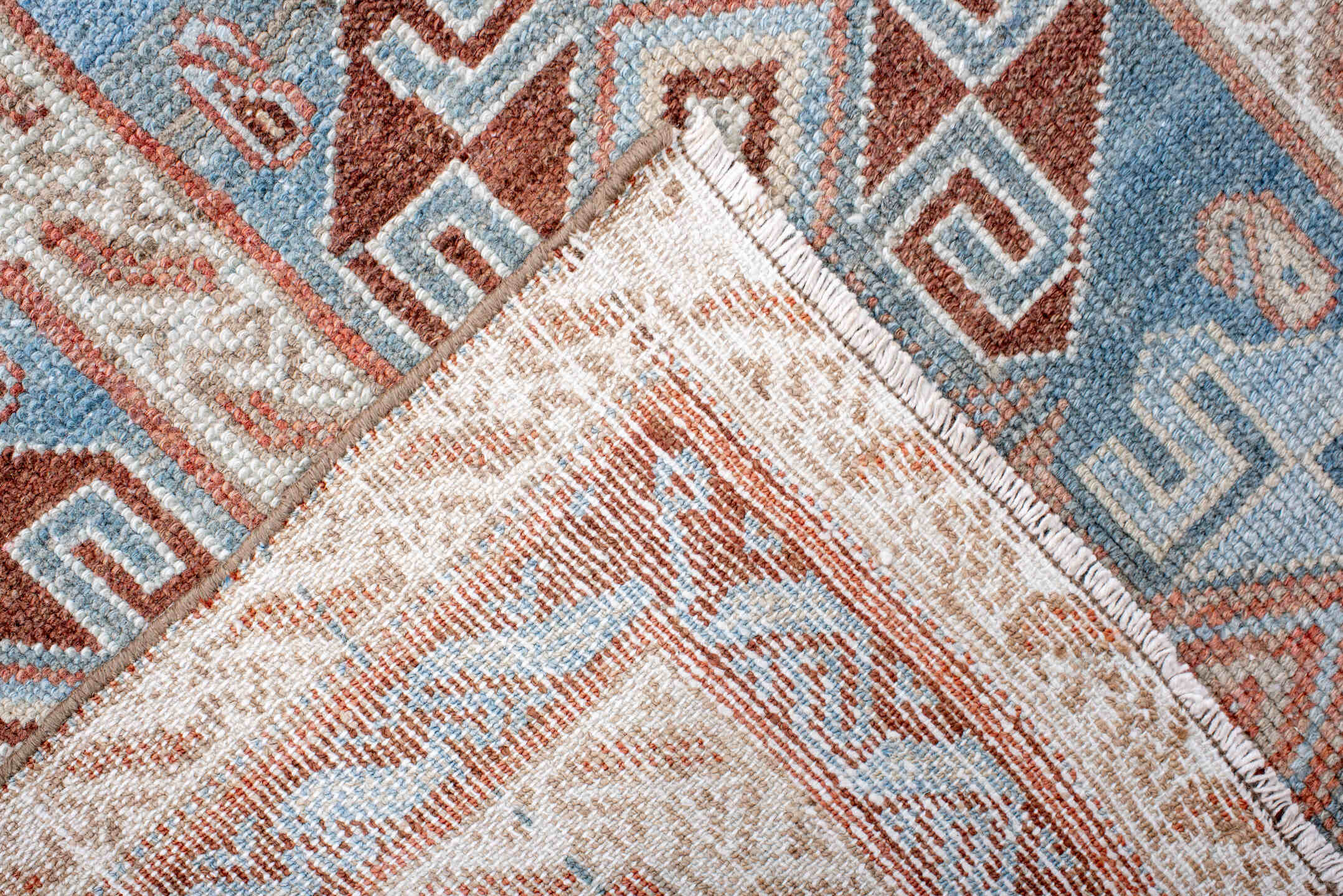 4' x 12' one-of-a-kind handmade antique NW Persian runner rug. Color palette: sky blue, ivory, terracotta, rust, camel