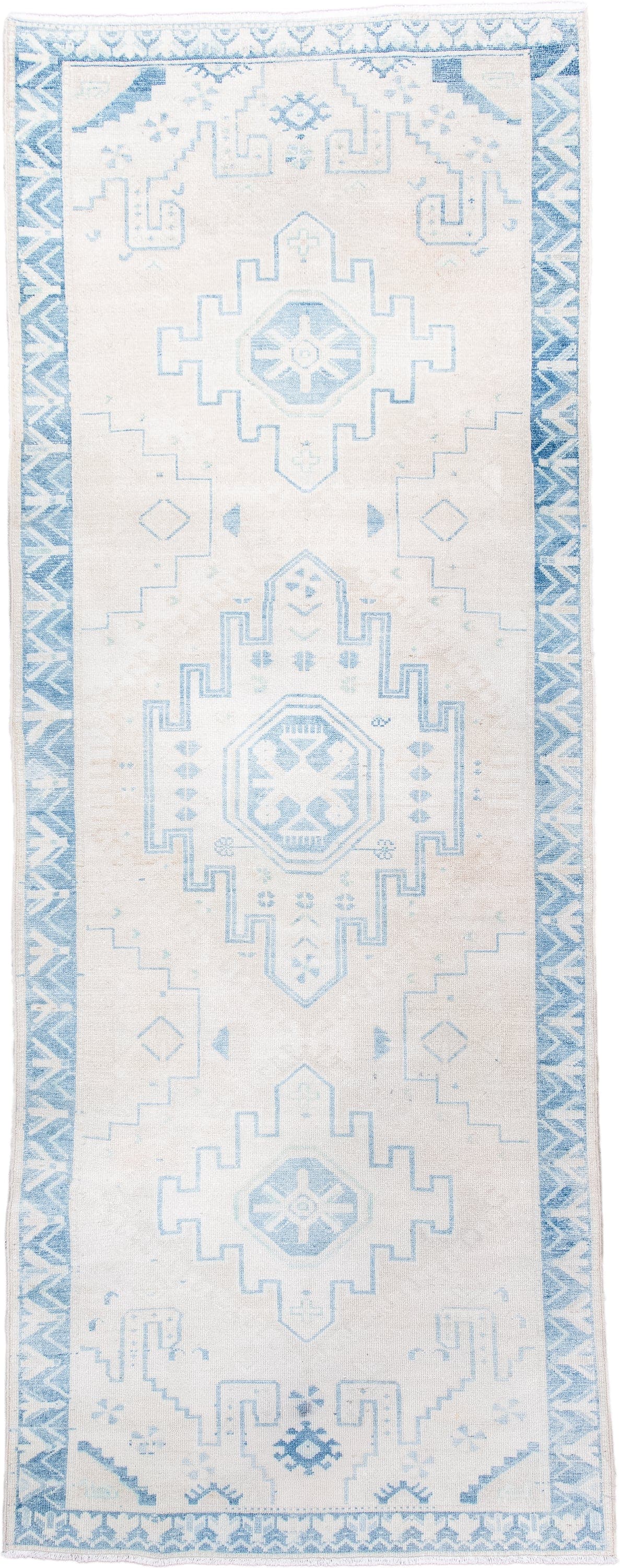 3' x 9' one-of-a-kind handmade antique Hamadan runner rug. Color palette: ivory, sky blue, pale blue, cream, taupe