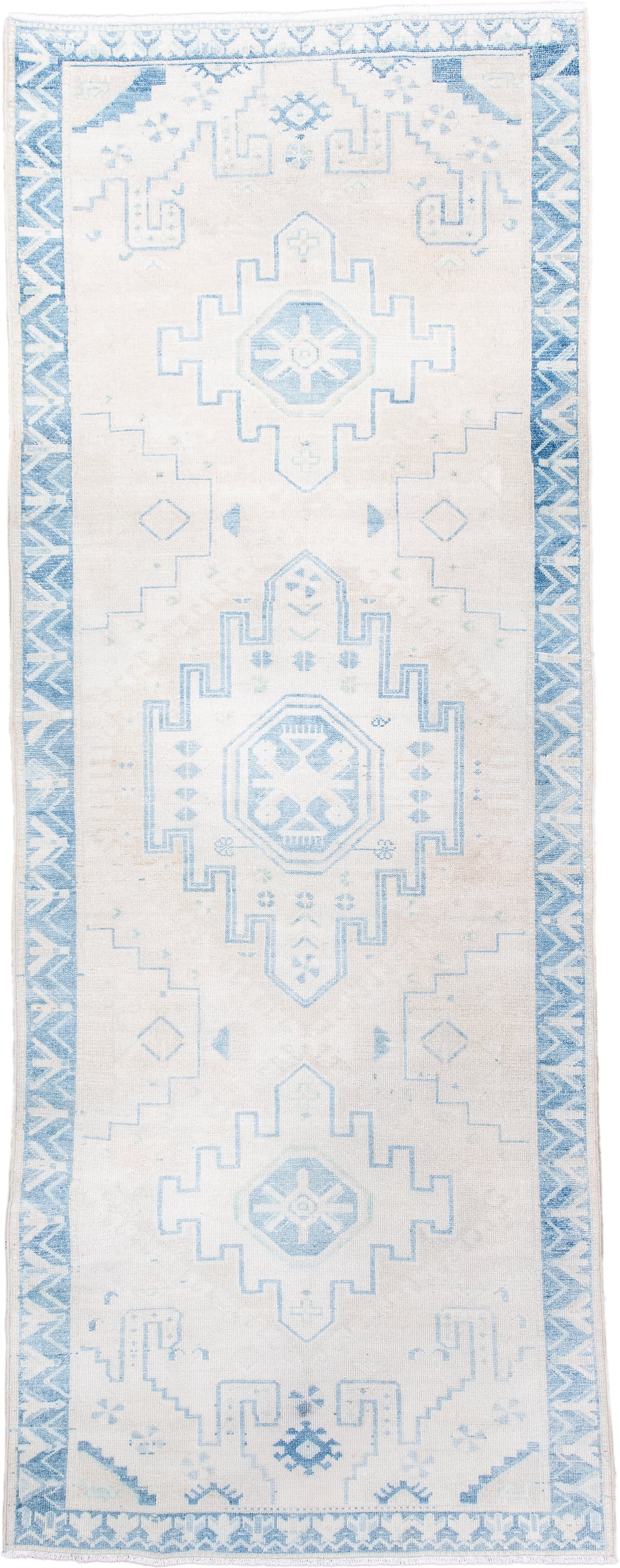 3' x 9' one-of-a-kind handmade antique Hamadan runner rug. Color palette: ivory, sky blue, pale blue, cream, taupe