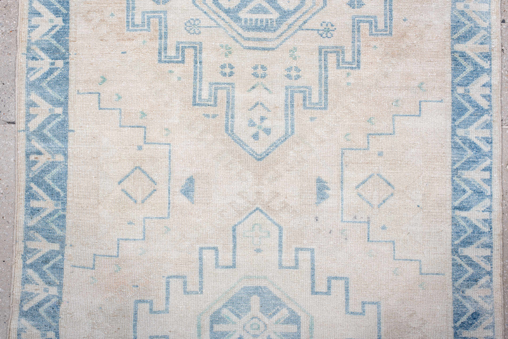3' x 9' one-of-a-kind handmade antique Hamadan runner rug. Color palette: ivory, sky blue, pale blue, cream, taupe