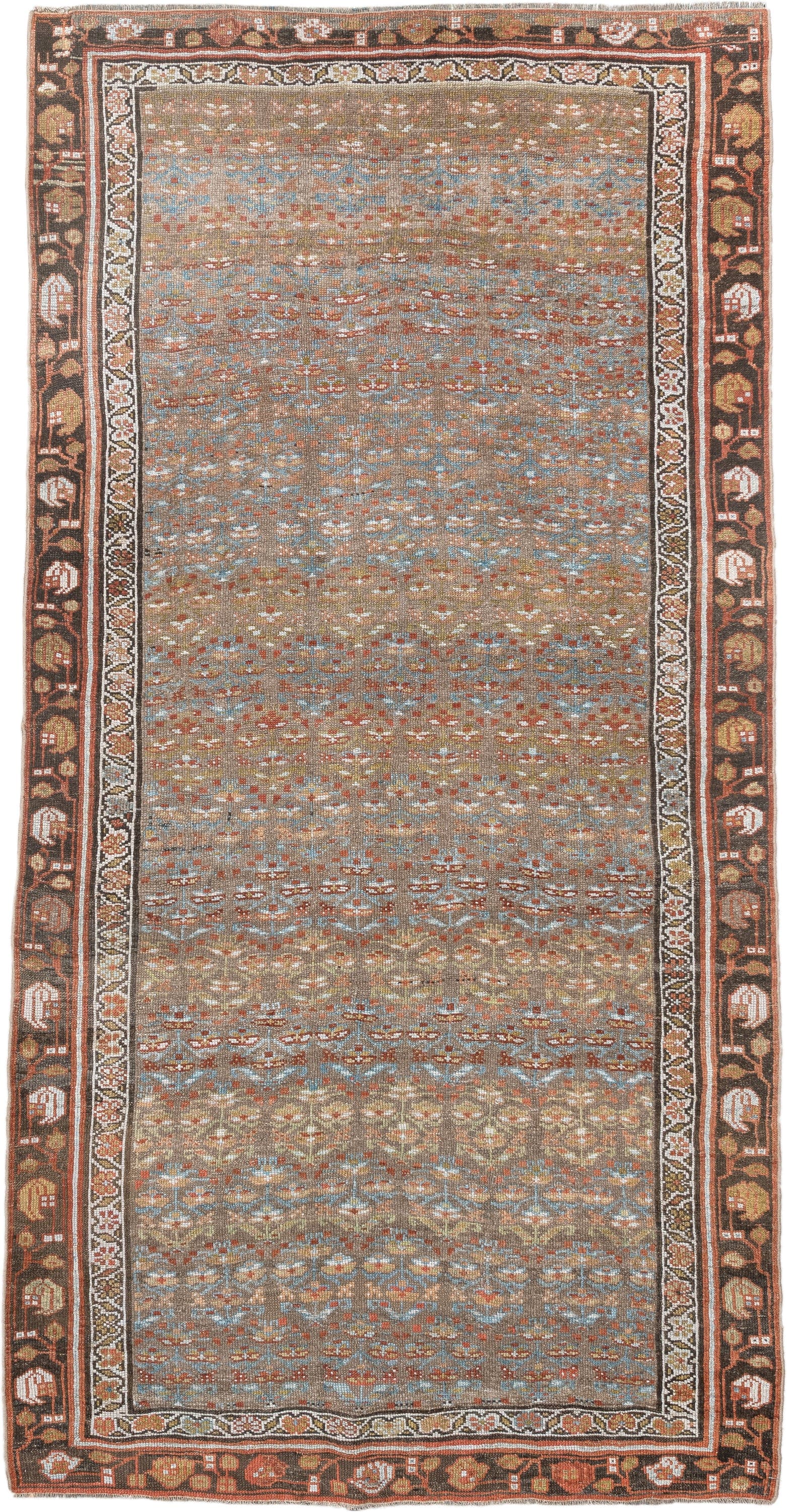 4' x 8' one-of-a-kind handmade antique NW Persian runner rug. Color palette: camel, rust, sky blue, ivory, brown, taupe