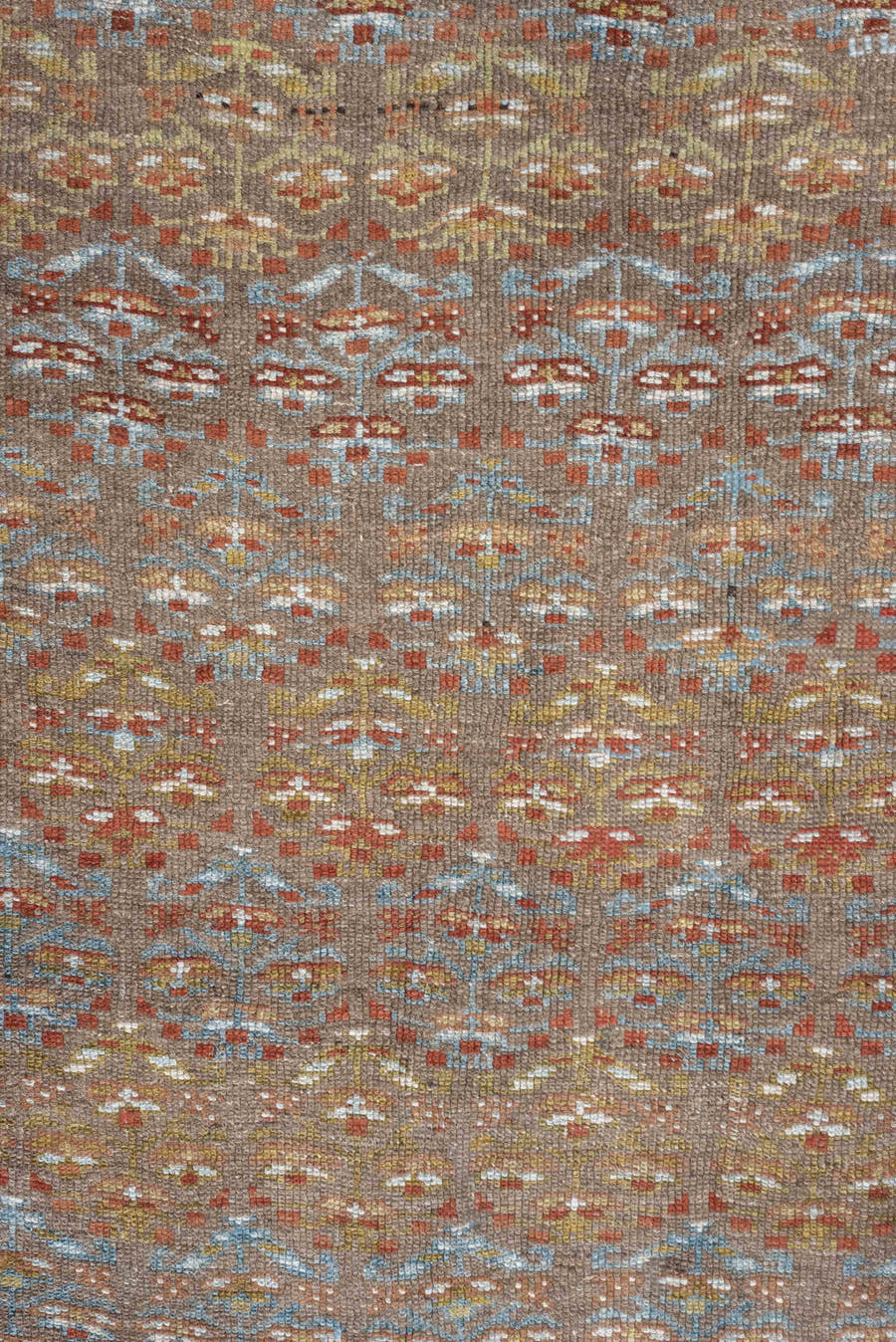 4' x 8' one-of-a-kind handmade antique NW Persian runner rug. Color palette: camel, rust, sky blue, ivory, brown, taupe